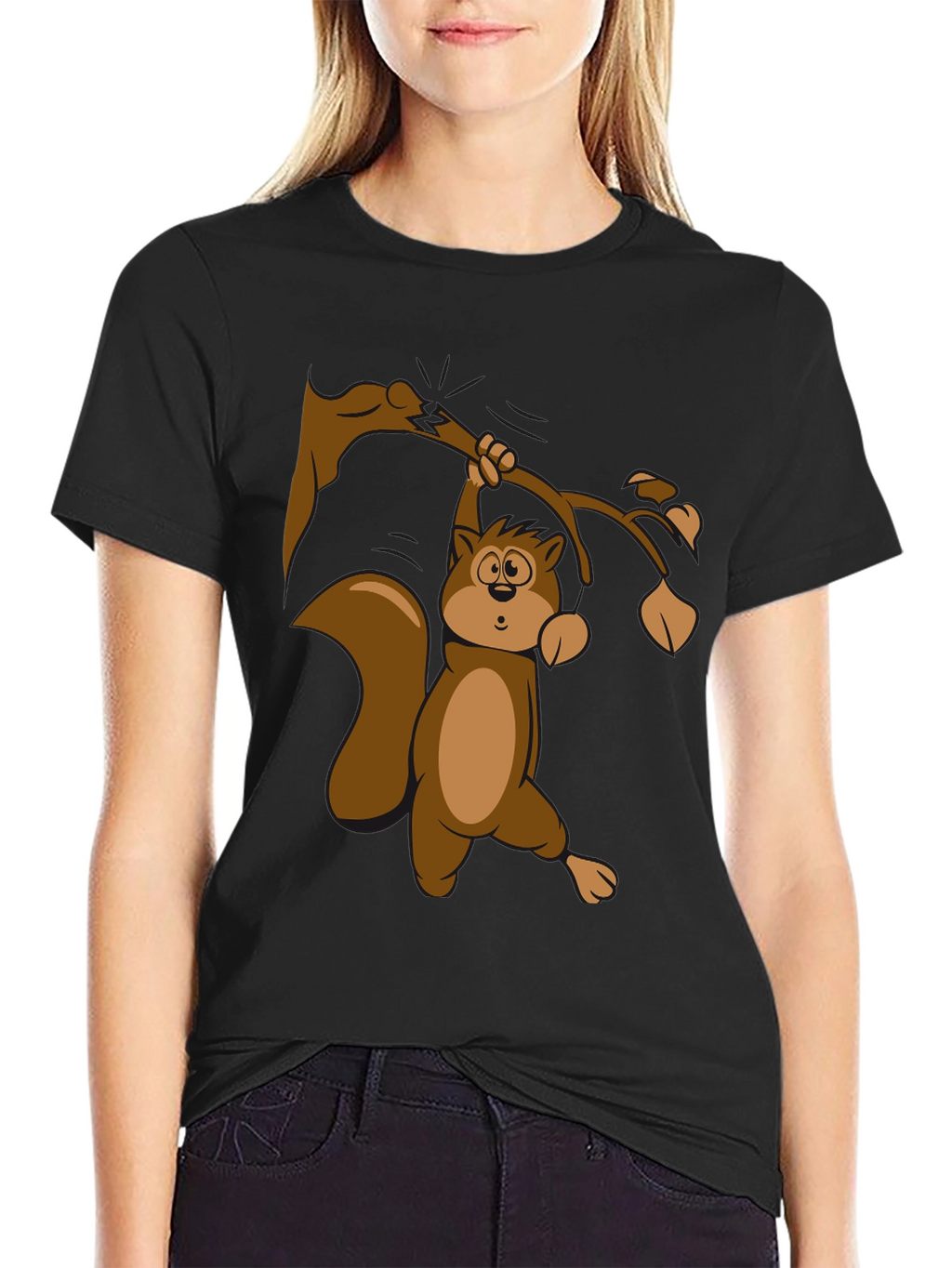 Squirrel on Branch T-Shirt - Black Cotton Tee