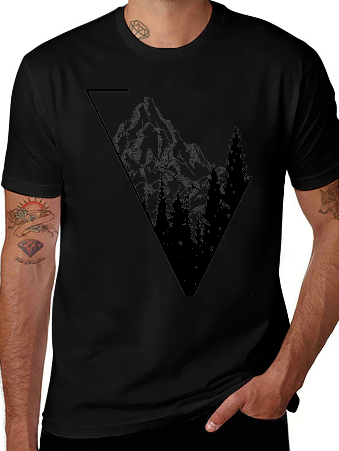 Mens Black Graphic Tee - Mountain Scene