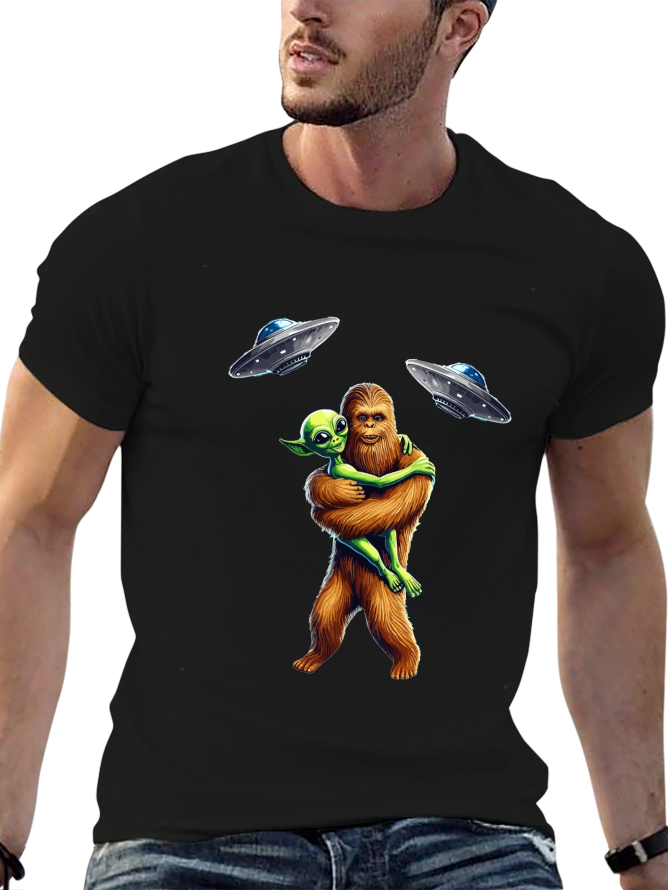 Bigfoot & Alien Hug T-Shirt: UFO Graphic Tee