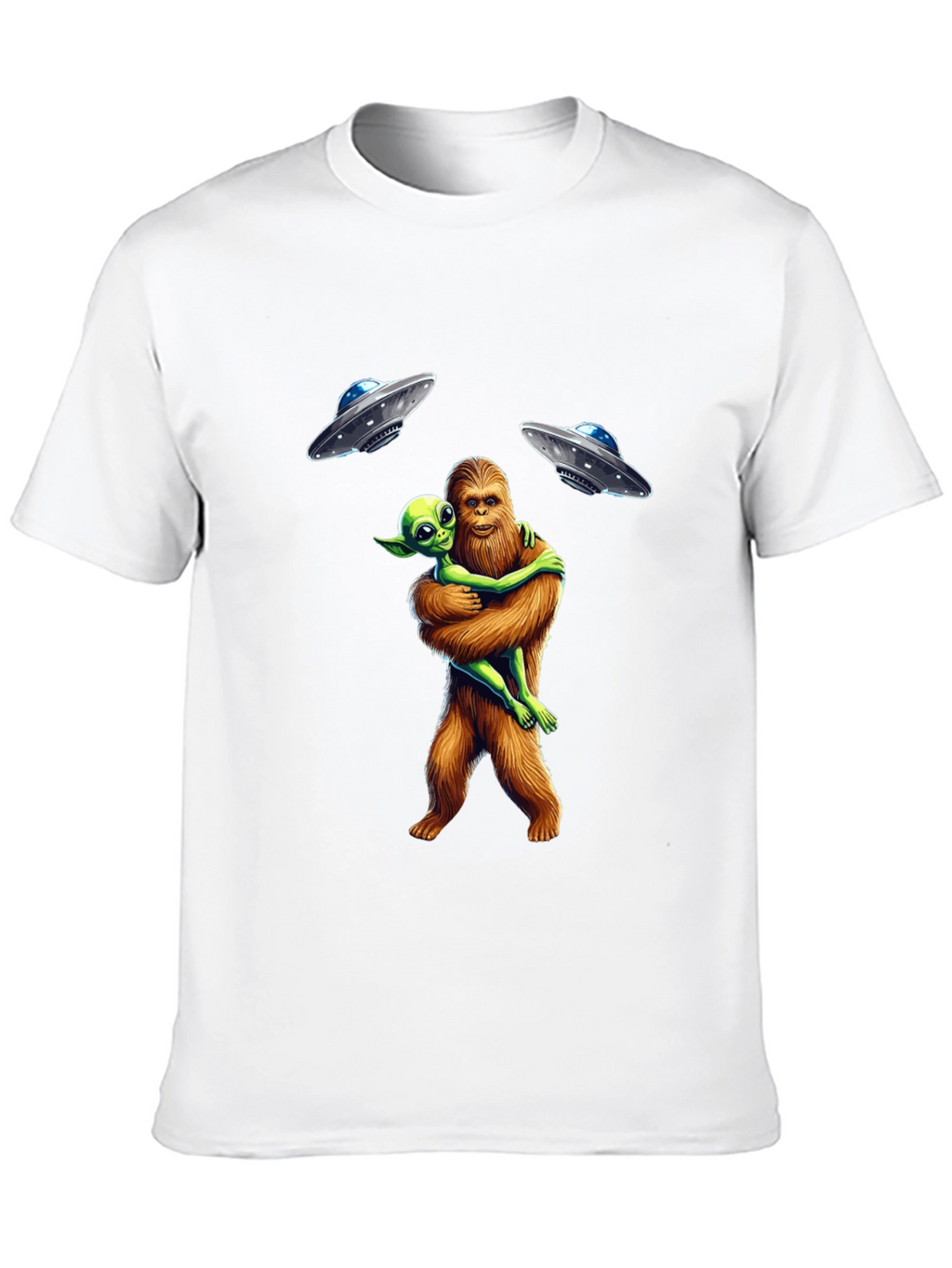 Bigfoot & Alien Hug T-Shirt: UFO Graphic Tee
