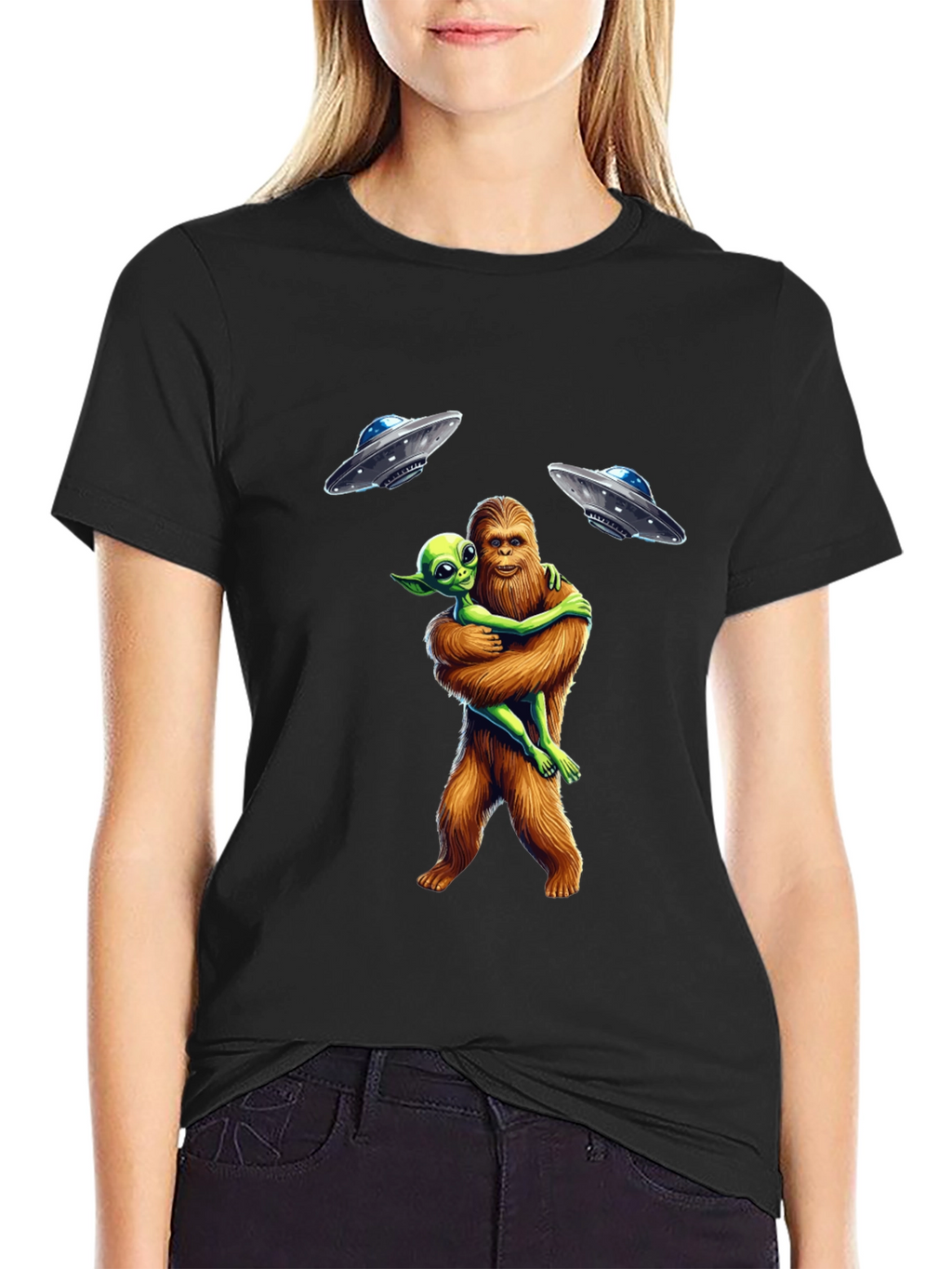 Bigfoot & Alien Hug T-Shirt: UFO Graphic Tee