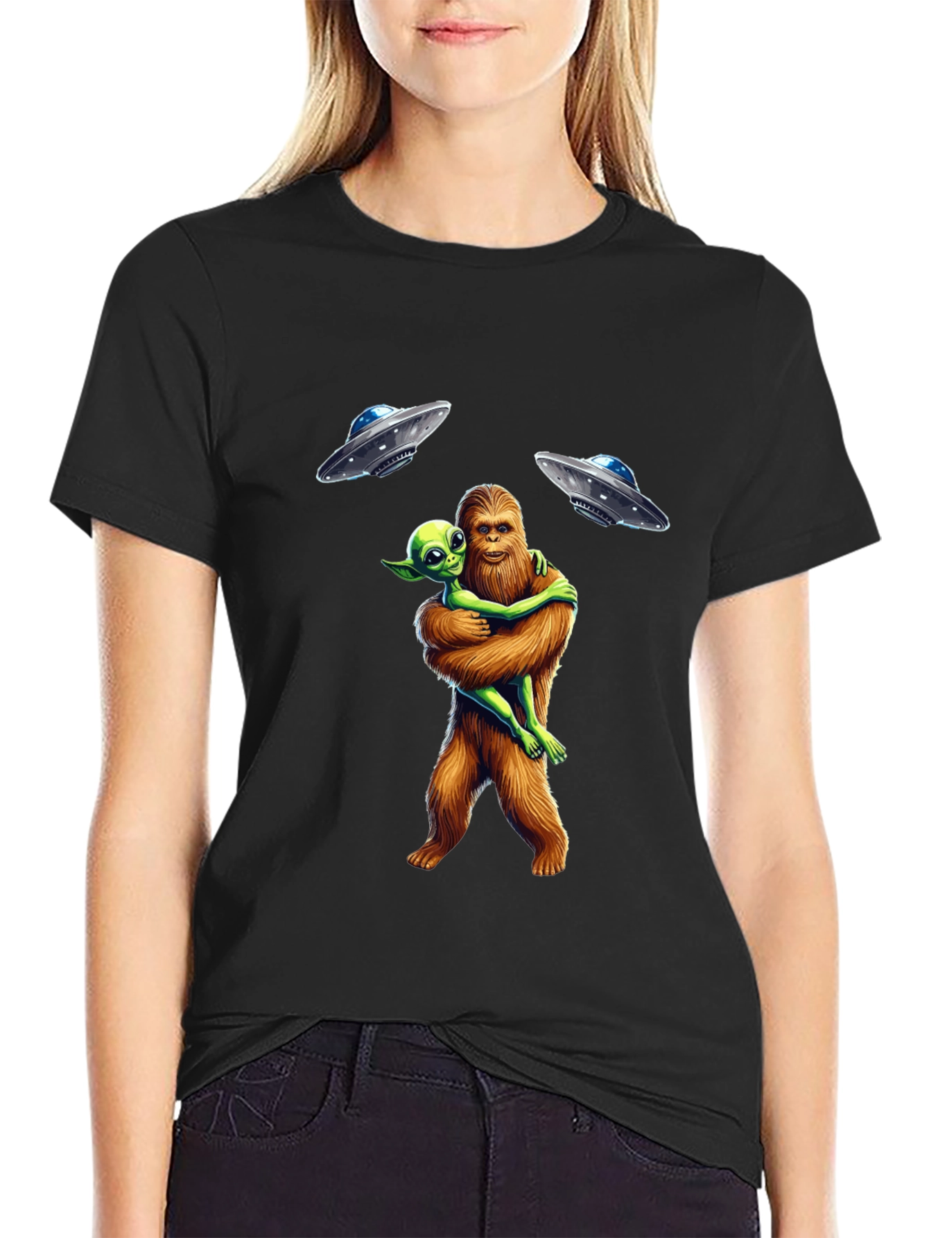 Bigfoot & Alien Hug T-Shirt: UFO Graphic Tee