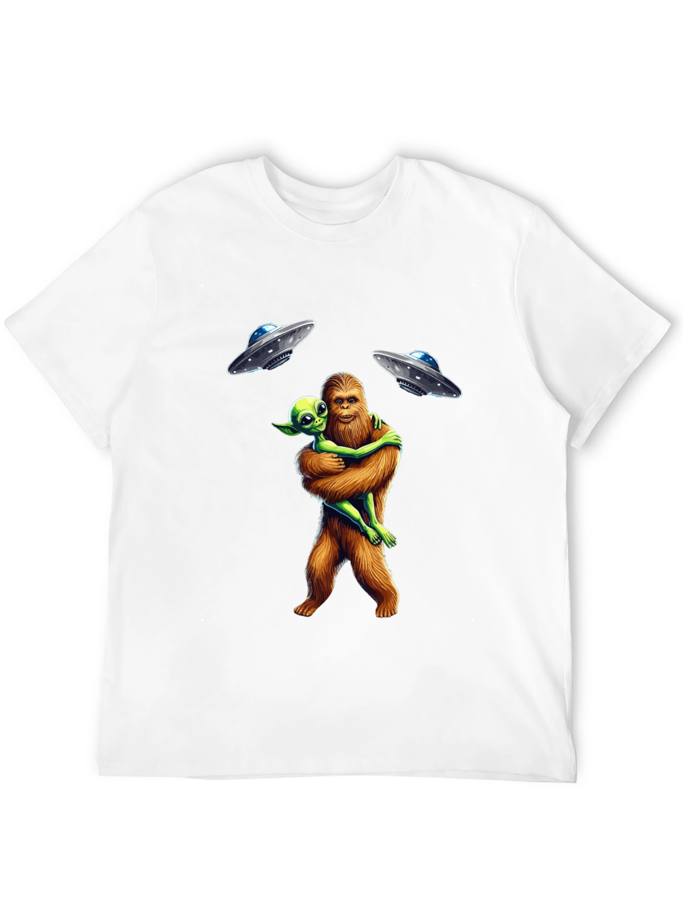 Bigfoot & Alien Hug T-Shirt: UFO Graphic Tee