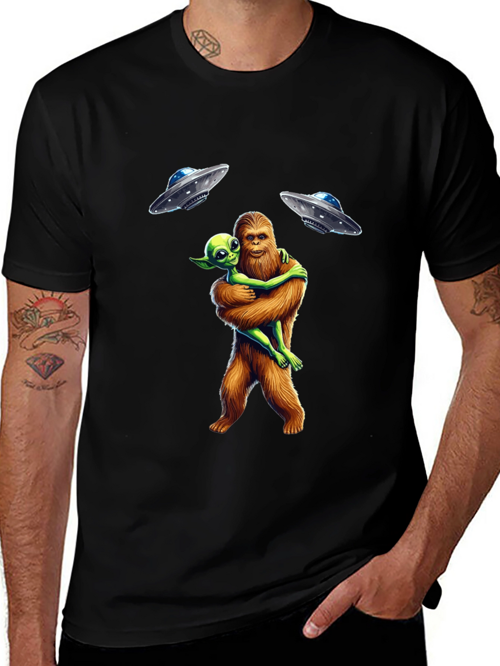 Bigfoot & Alien Hug T-Shirt: UFO Graphic Tee