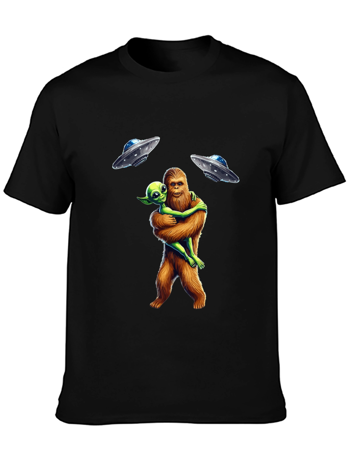 Bigfoot & Alien Hug T-Shirt: UFO Graphic Tee