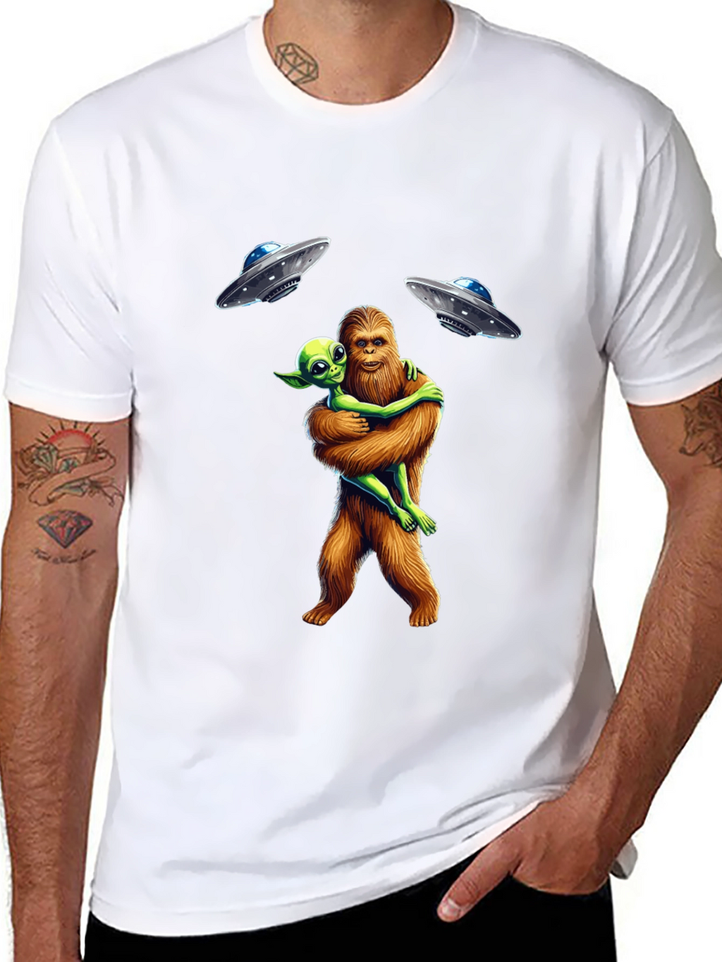Bigfoot & Alien Hug T-Shirt: UFO Graphic Tee
