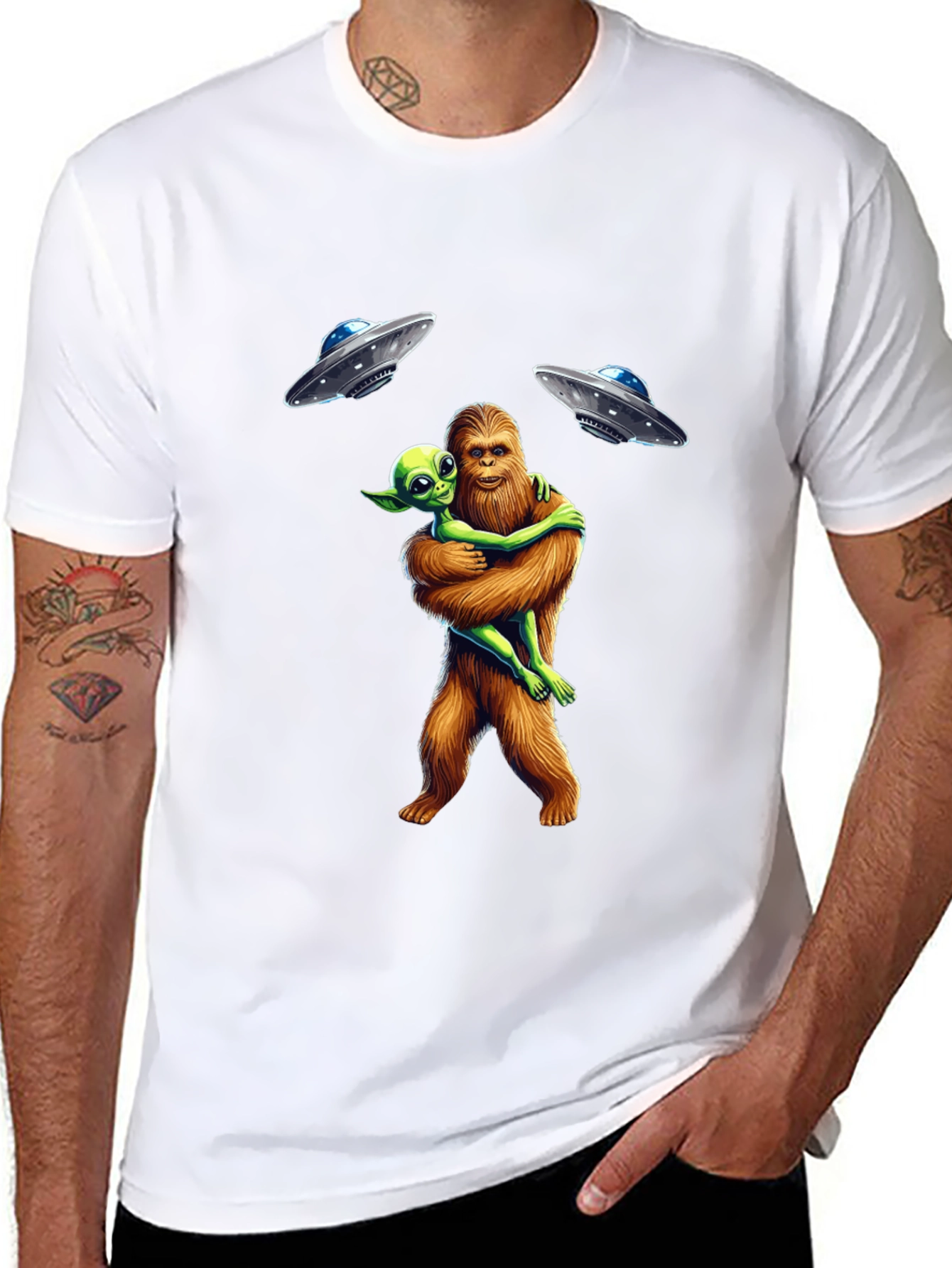 Bigfoot & Alien Hug T-Shirt: UFO Graphic Tee