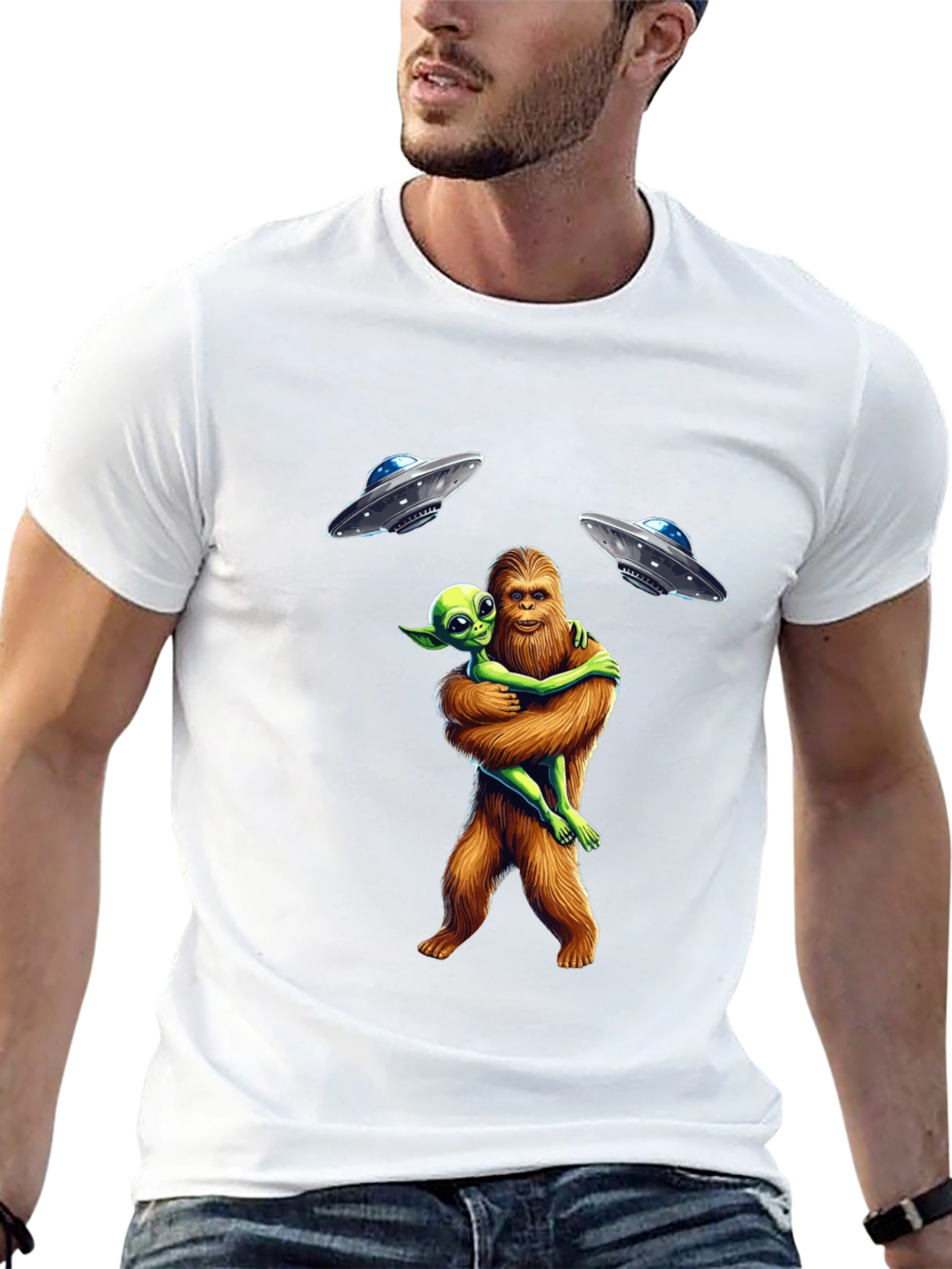 Bigfoot & Alien Hug T-Shirt: UFO Graphic Tee