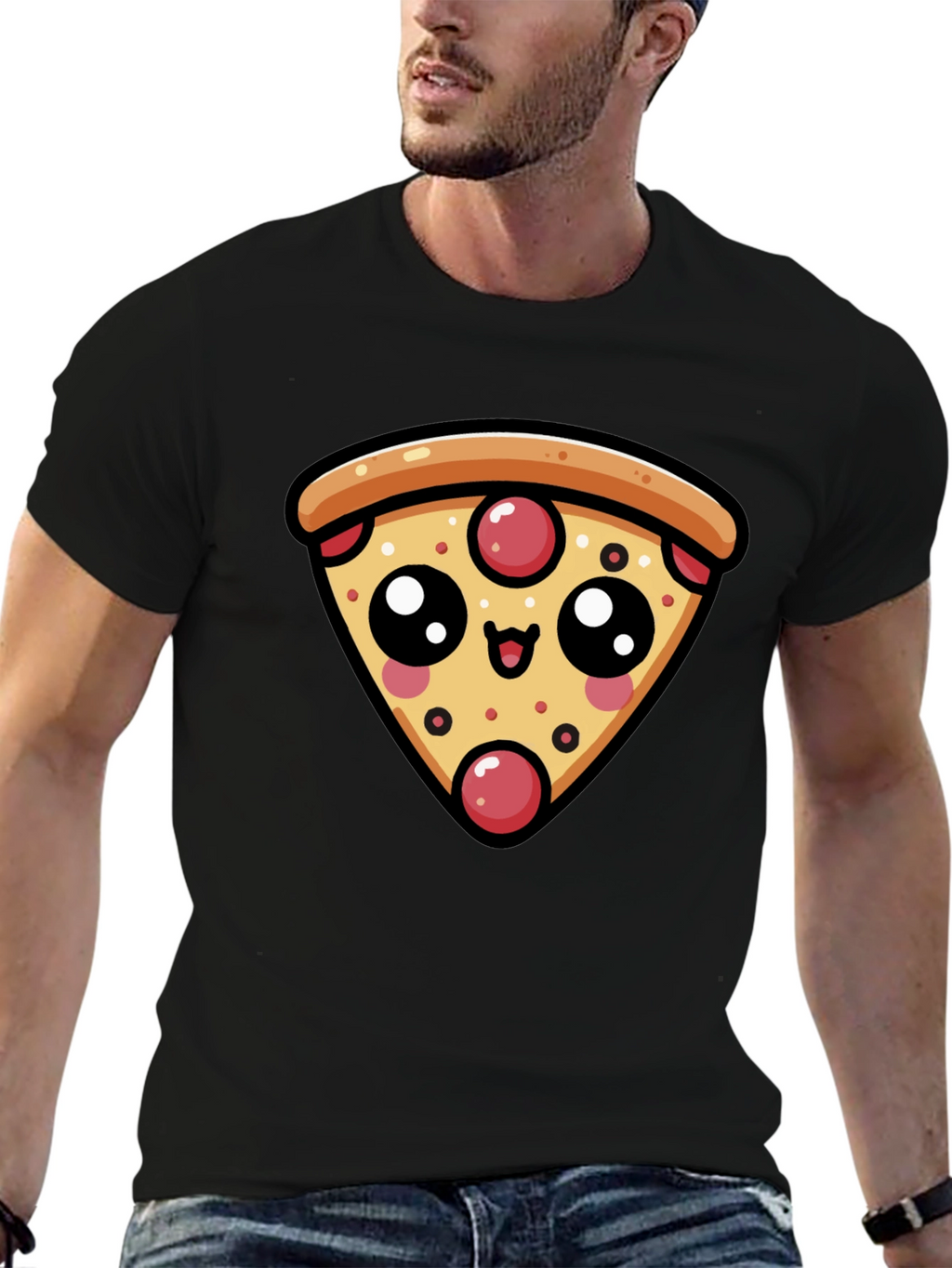 Cute Pizza Slice Graphic Black T-Shirt