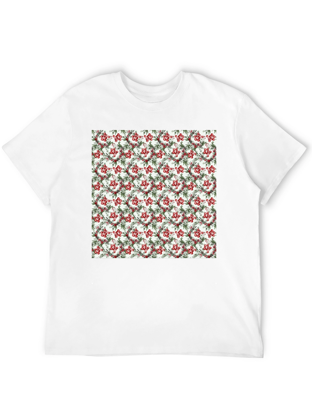 Festive Berry Wreath Pattern Black T-Shirt