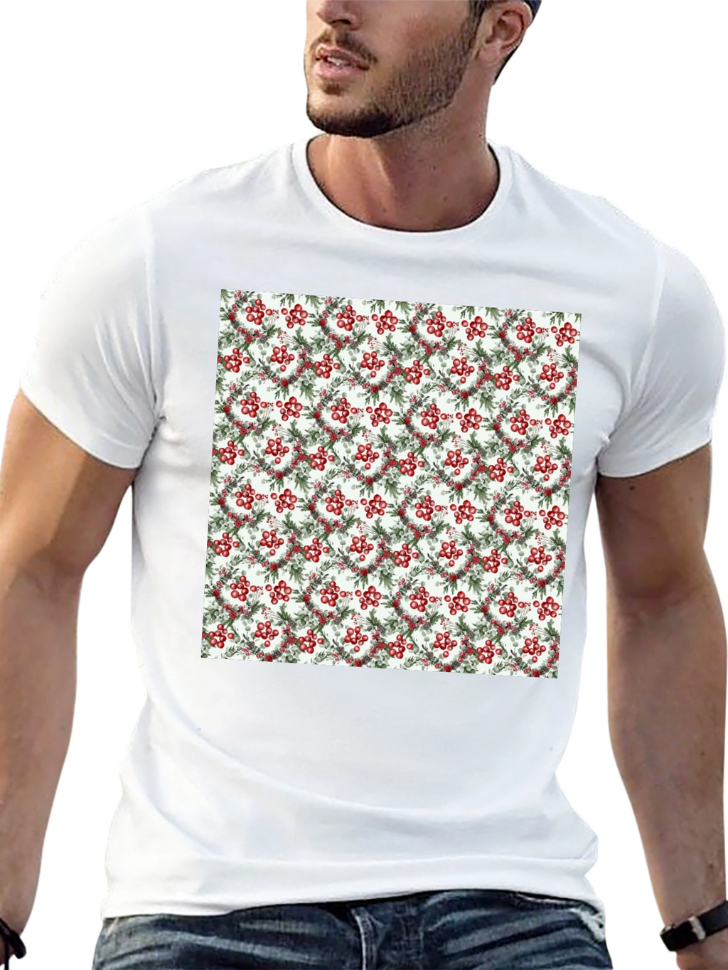 Festive Berry Wreath Pattern Black T-Shirt
