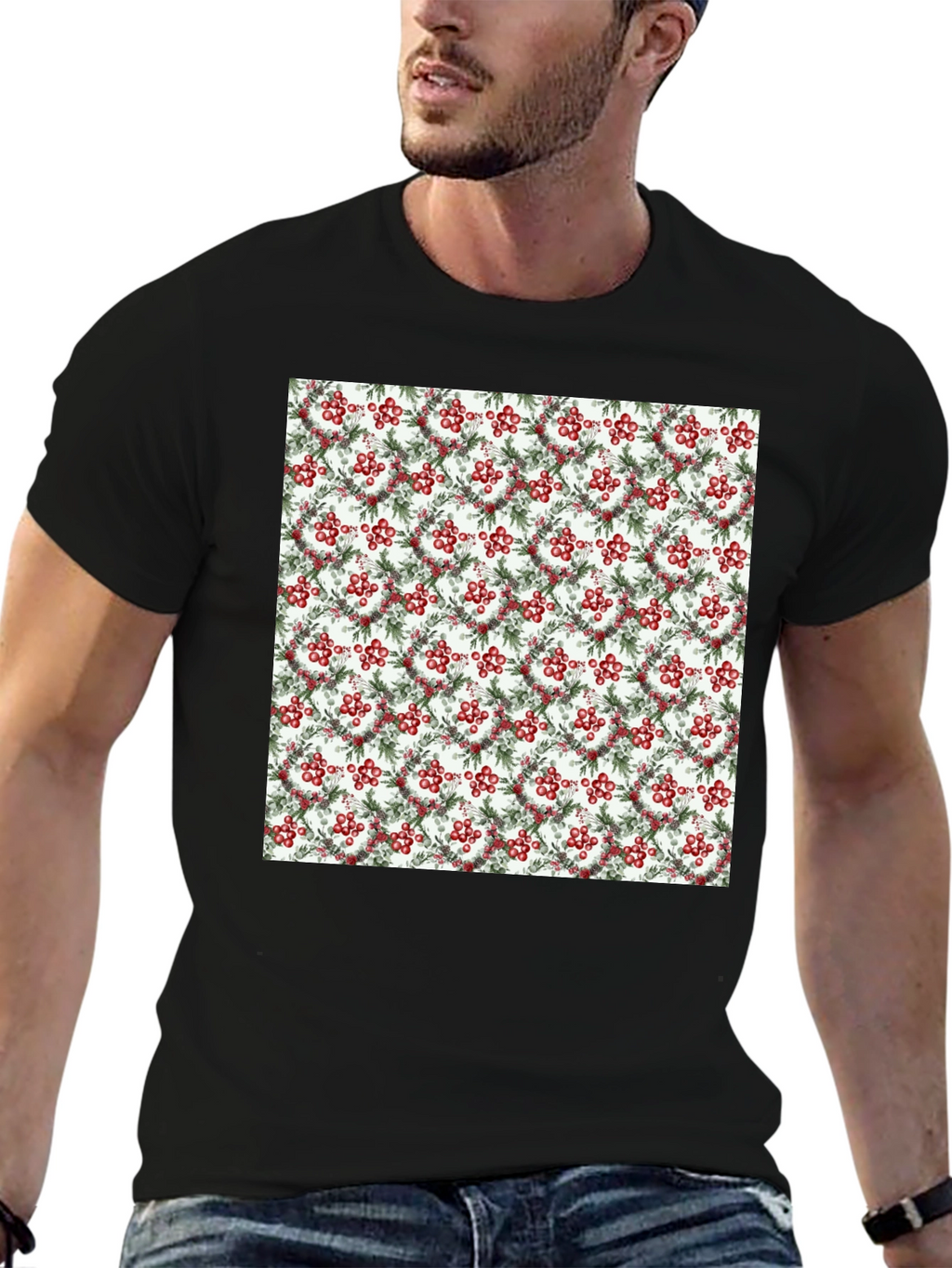 Festive Berry Wreath Pattern Black T-Shirt