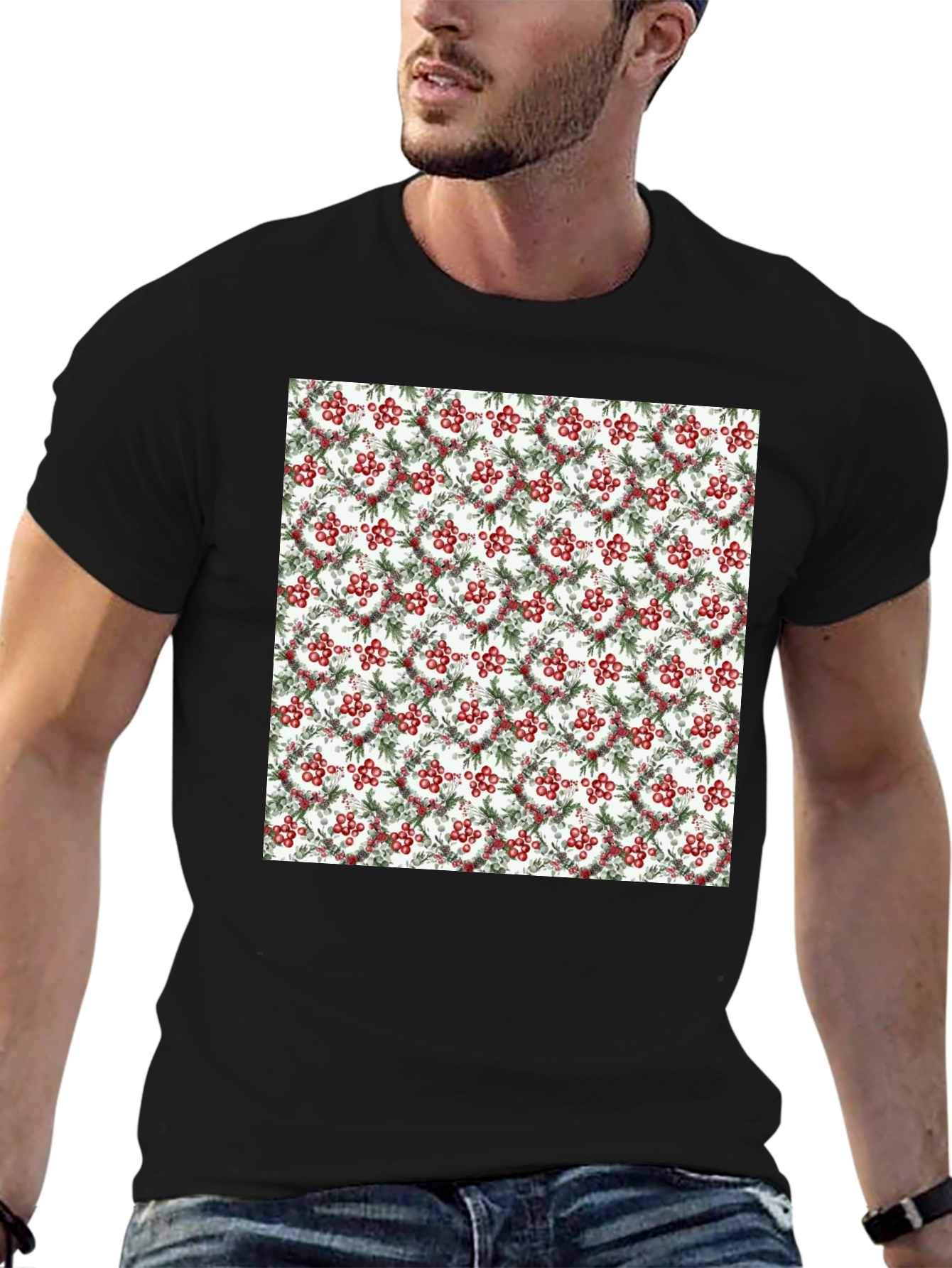 Festive Berry Wreath Pattern Black T-Shirt