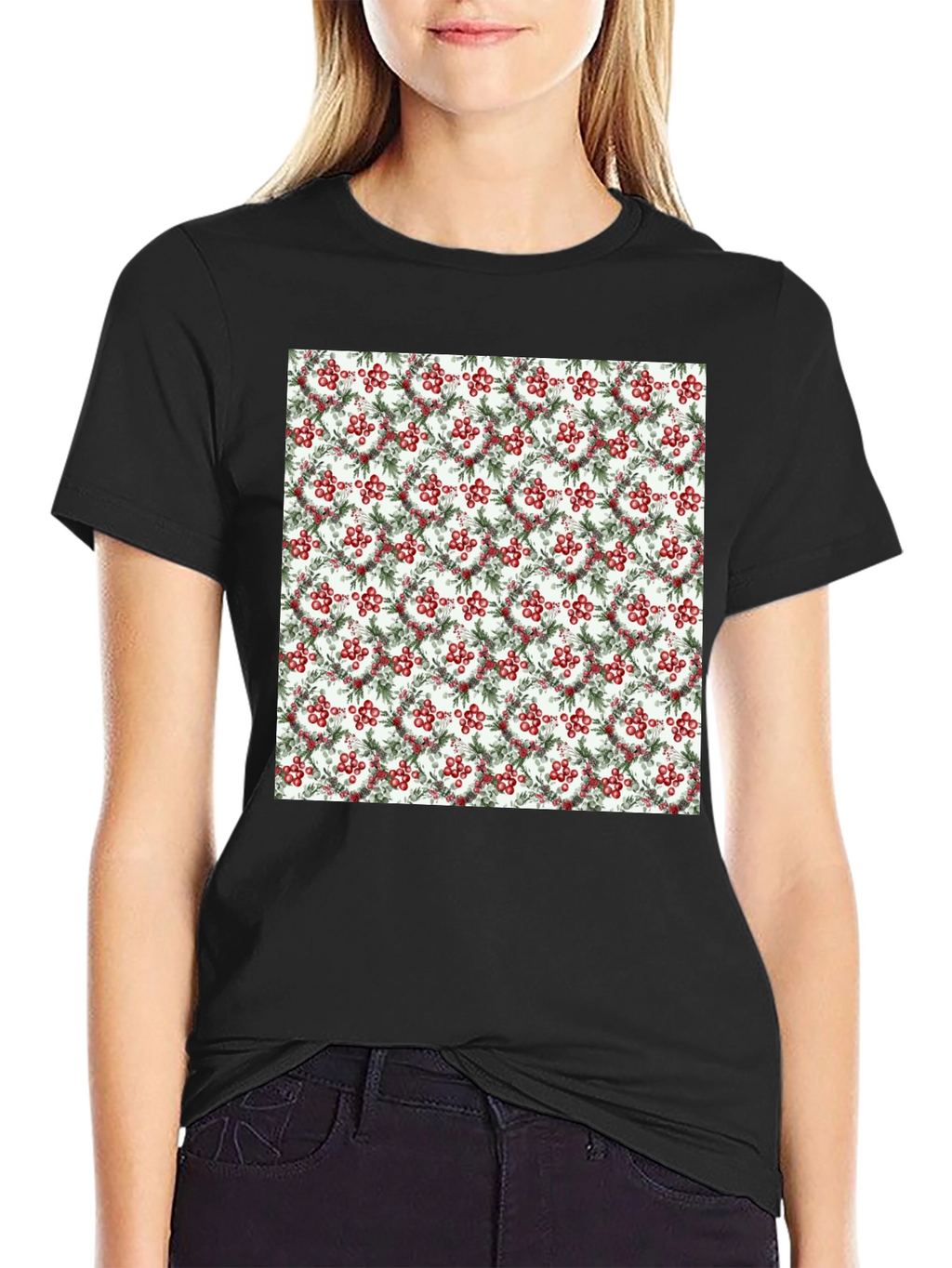 Festive Berry Wreath Pattern Black T-Shirt