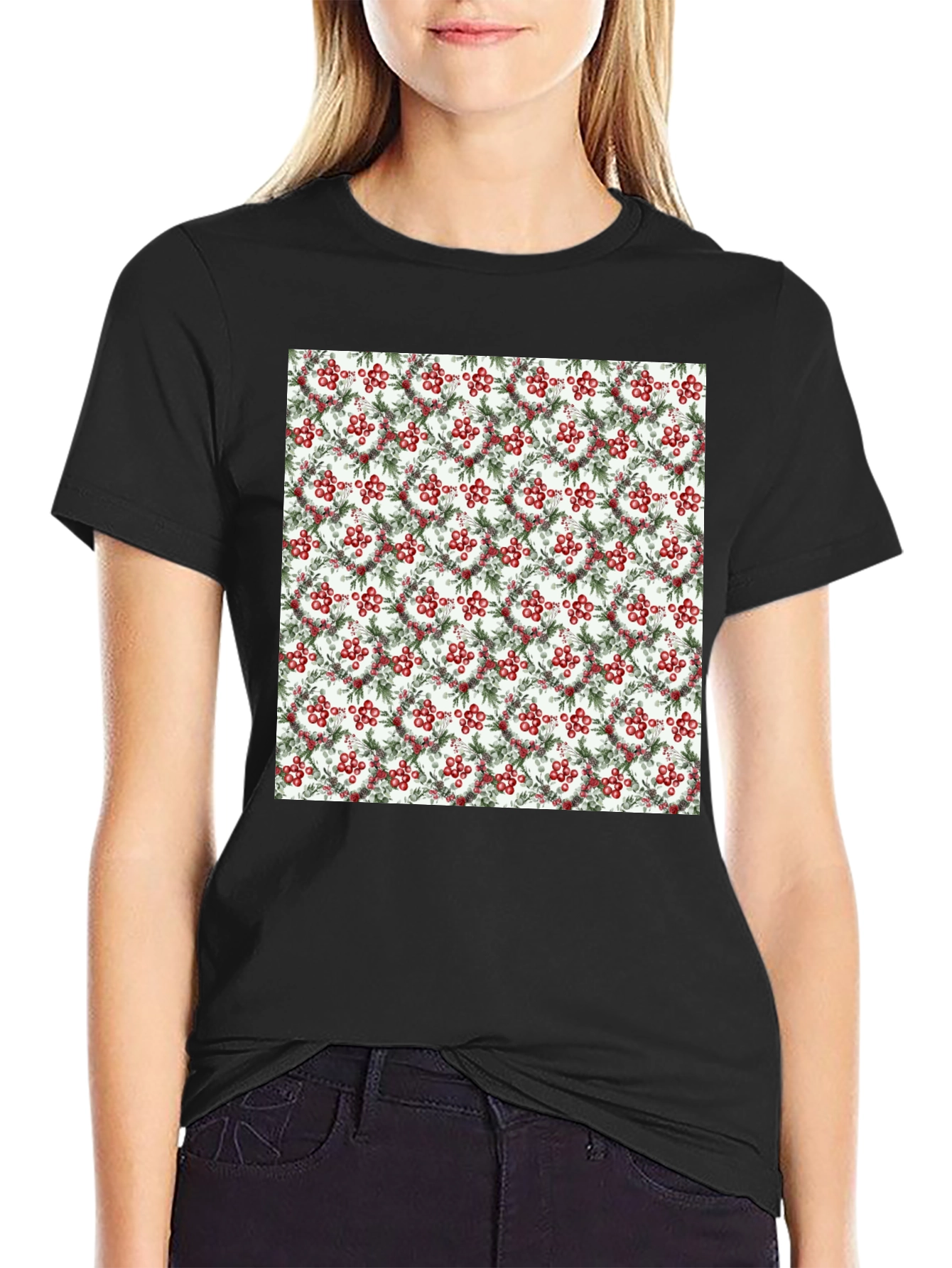 Festive Berry Wreath Pattern Black T-Shirt