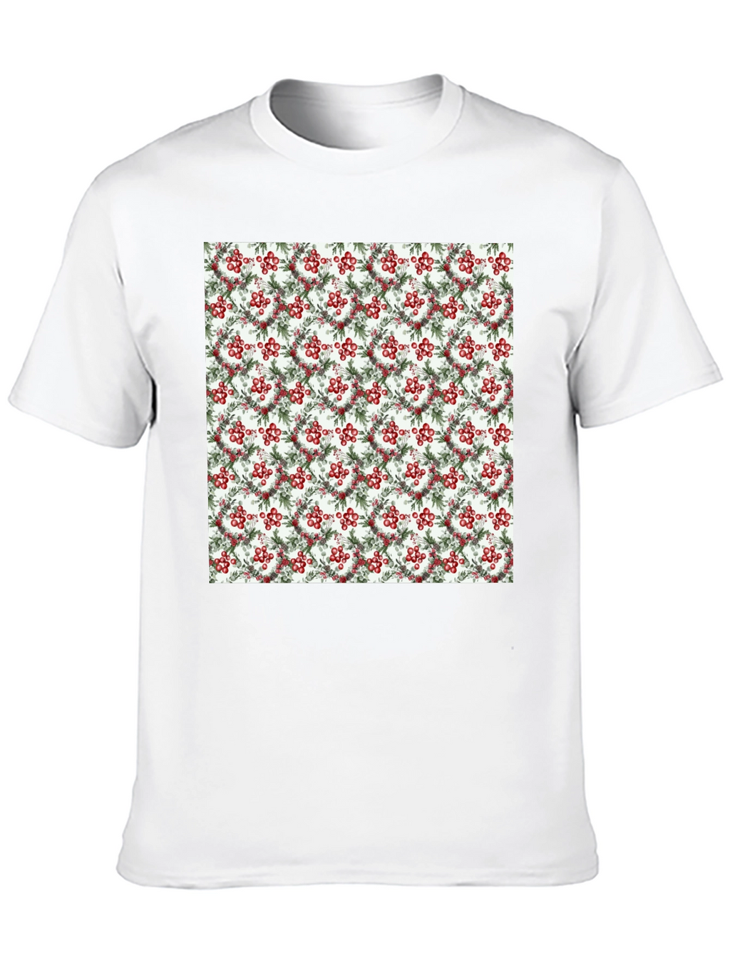 Festive Berry Wreath Pattern Black T-Shirt