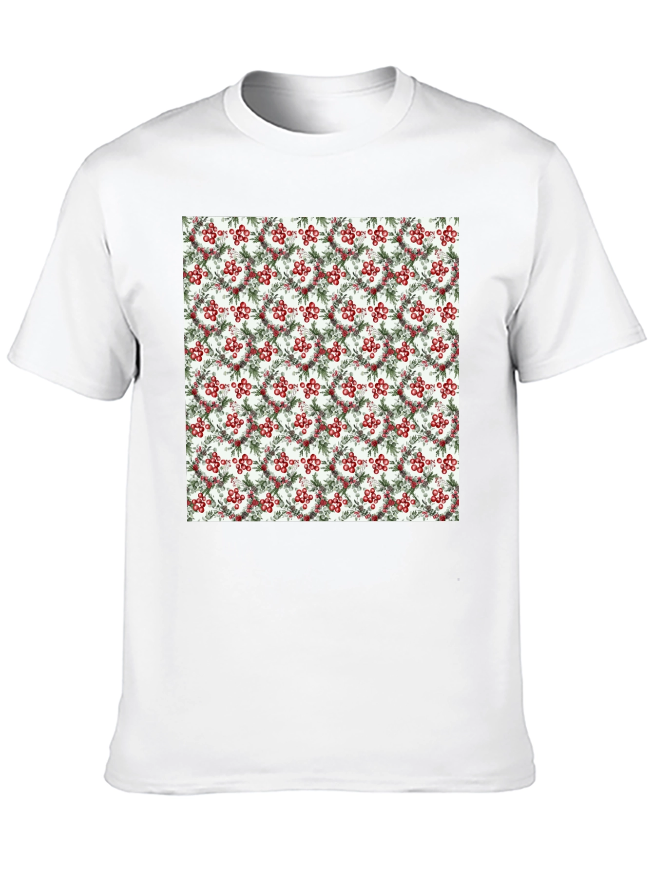 Festive Berry Wreath Pattern Black T-Shirt