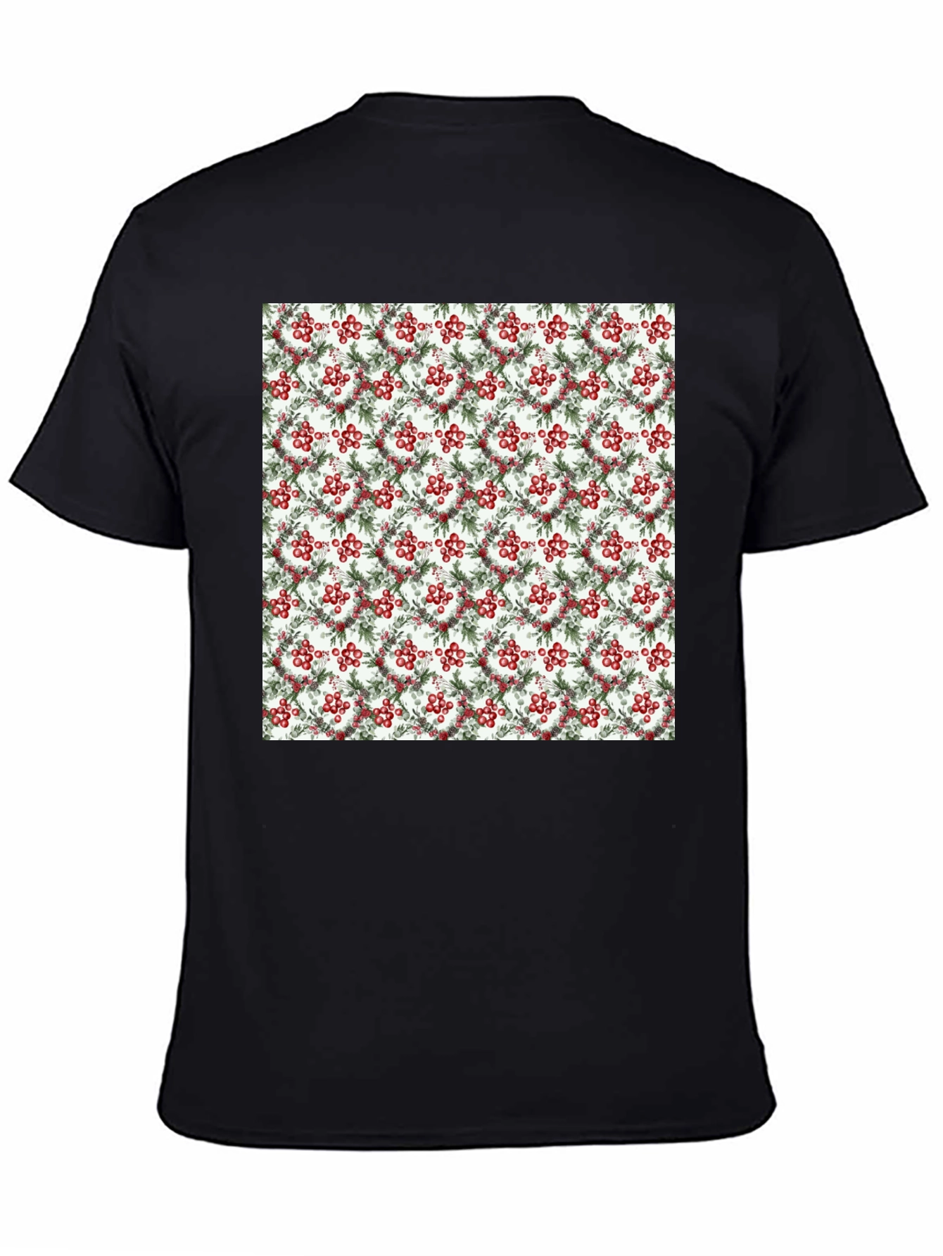 Festive Berry Wreath Pattern Black T-Shirt
