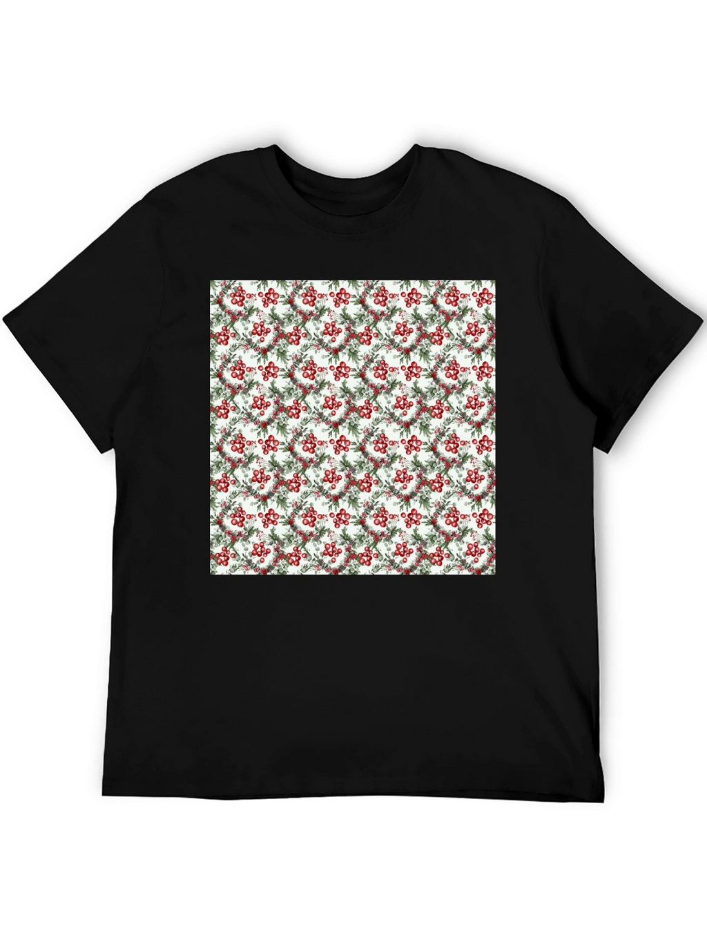 Festive Berry Wreath Pattern Black T-Shirt