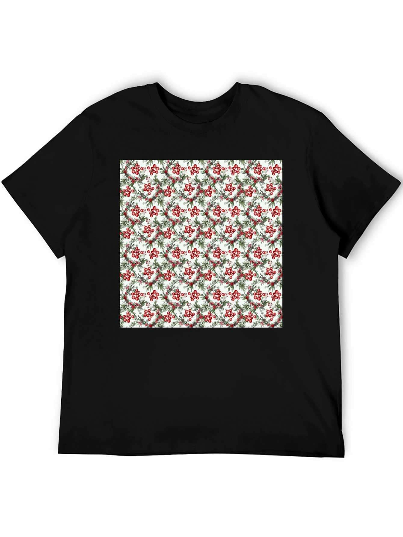 Festive Berry Wreath Pattern Black T-Shirt