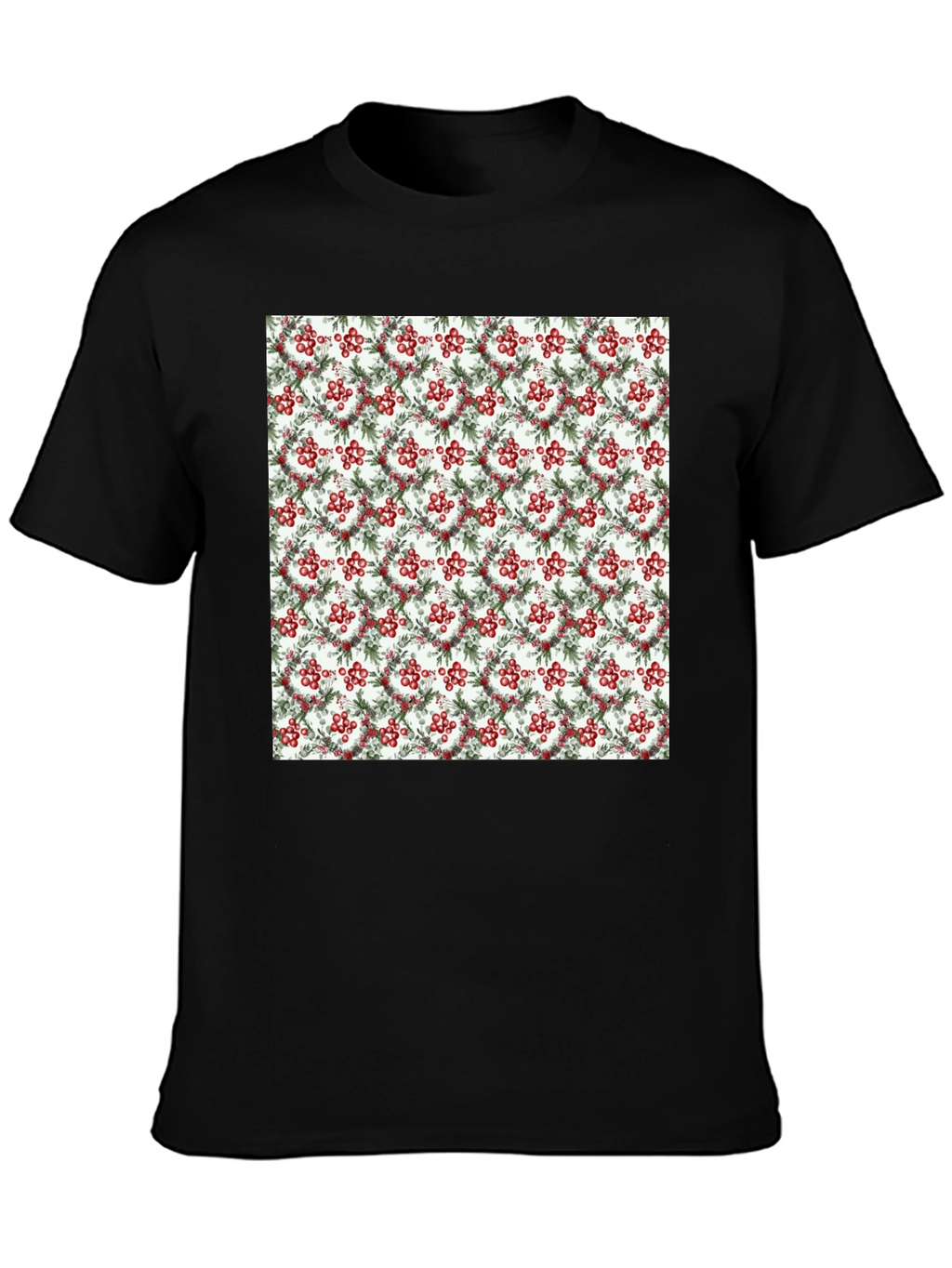 Festive Berry Wreath Pattern Black T-Shirt