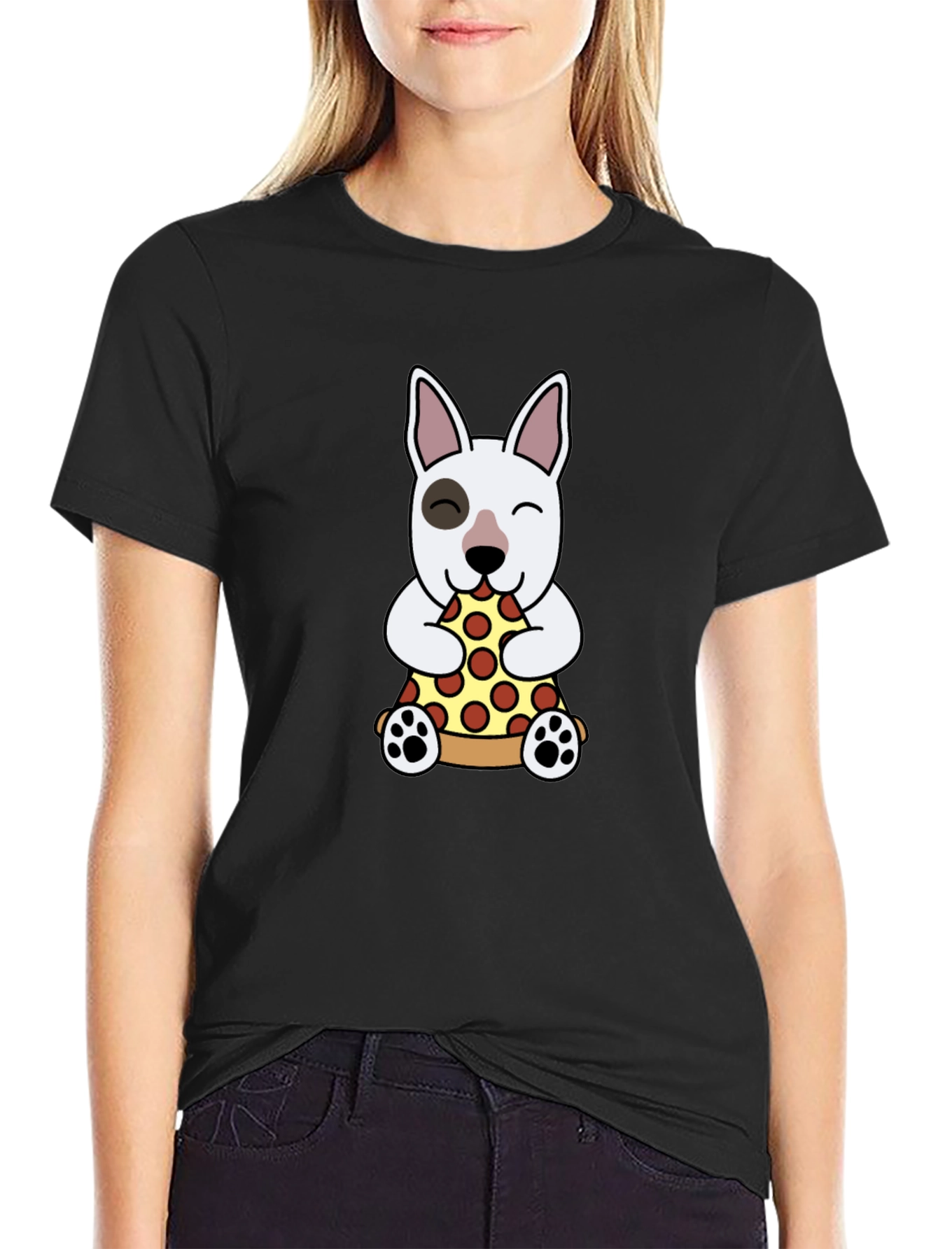 Dog Eating Pizza Graphic Tee - Black Cotton T-Shirt