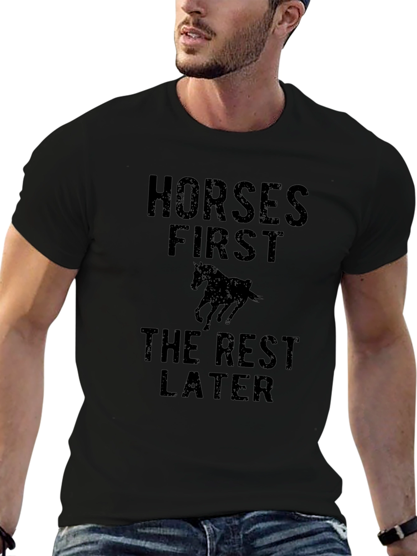 Horses First Graphic T-Shirt - Black Casual Style