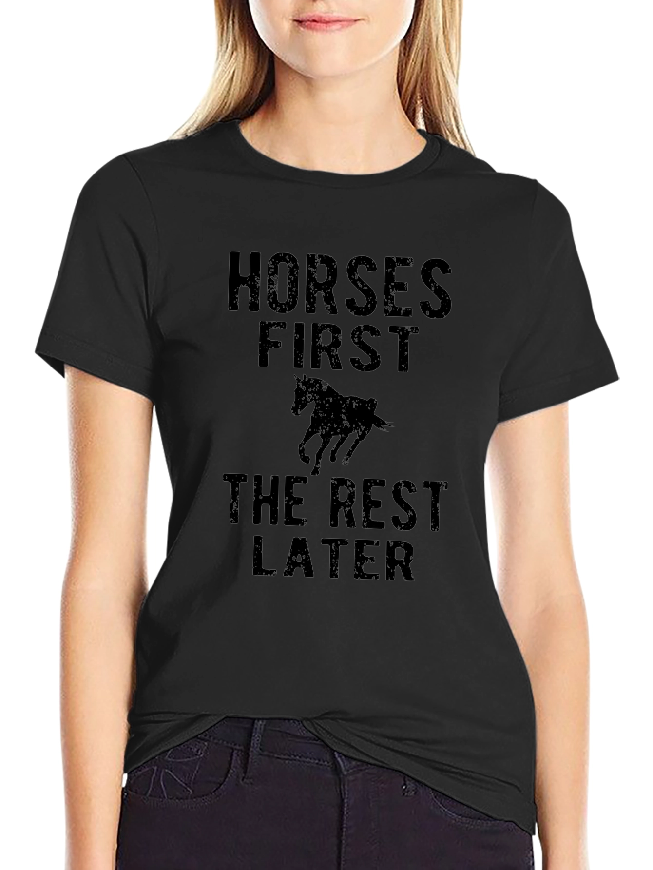 Horses First Graphic T-Shirt - Black Casual Style