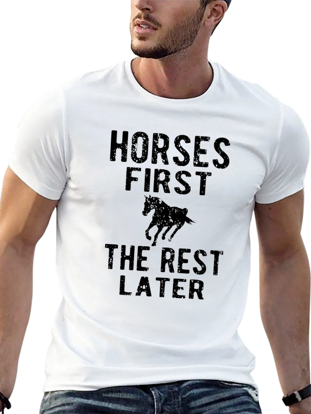 Horses First Graphic T-Shirt - Black Casual Style