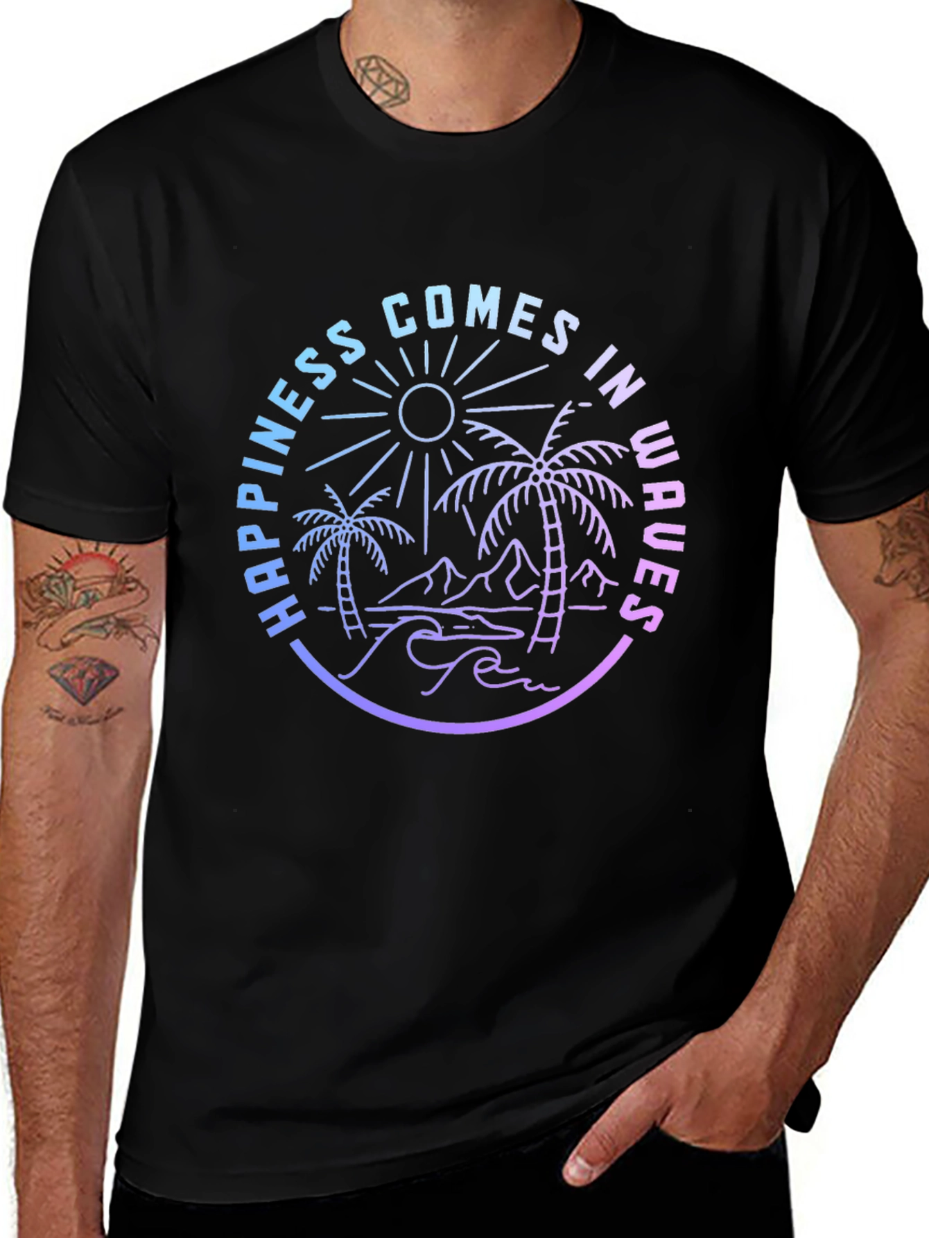Happiness Comes in Waves Graphic Tee - Black