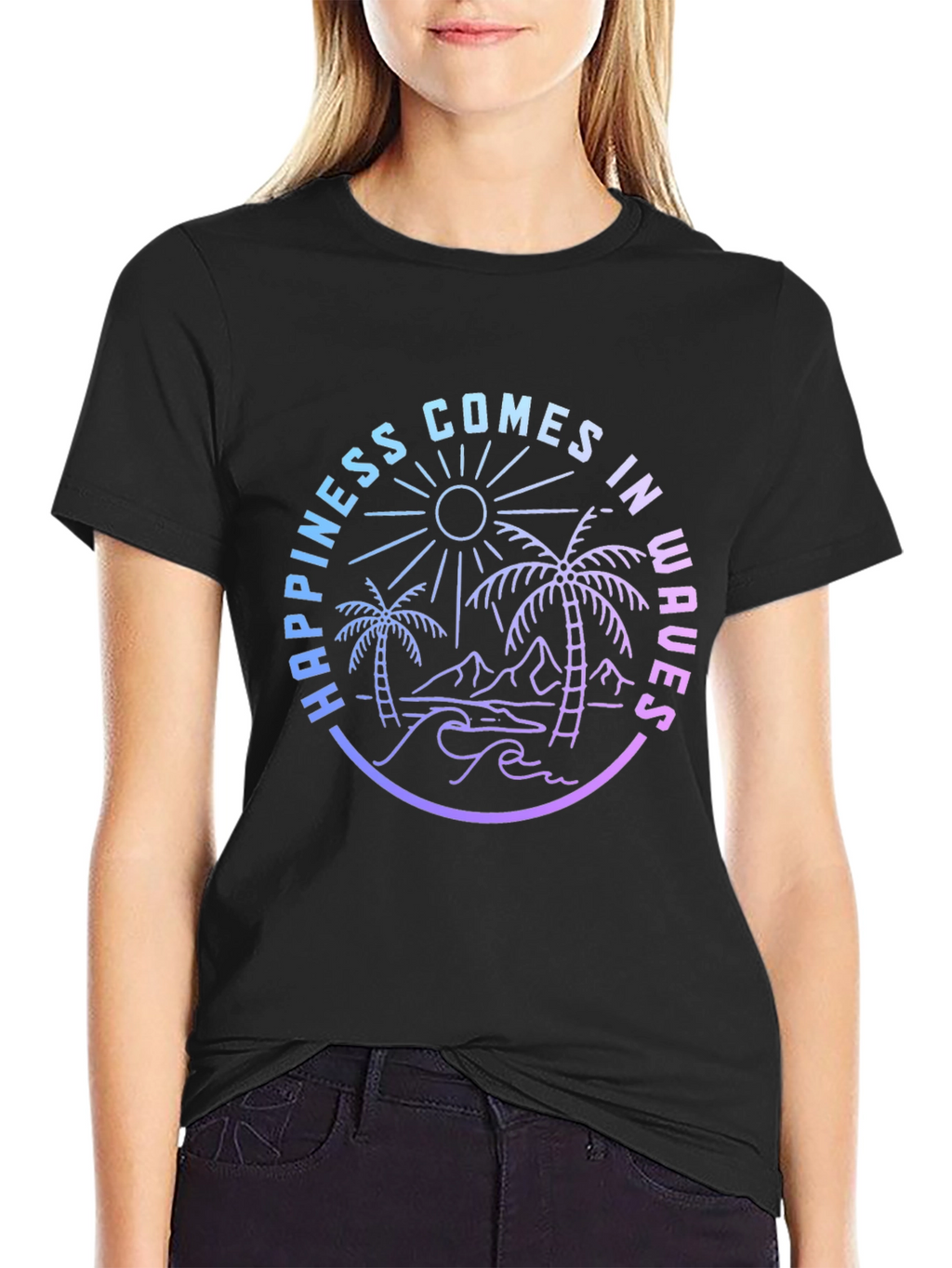 Happiness Comes in Waves Graphic Tee - Black