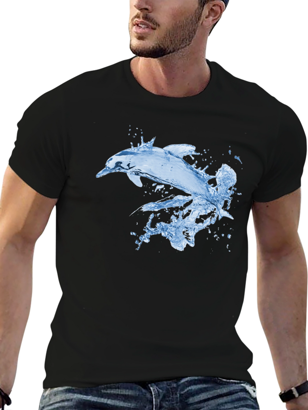 Cool Dolphin Splash Graphic Black T-Shirt