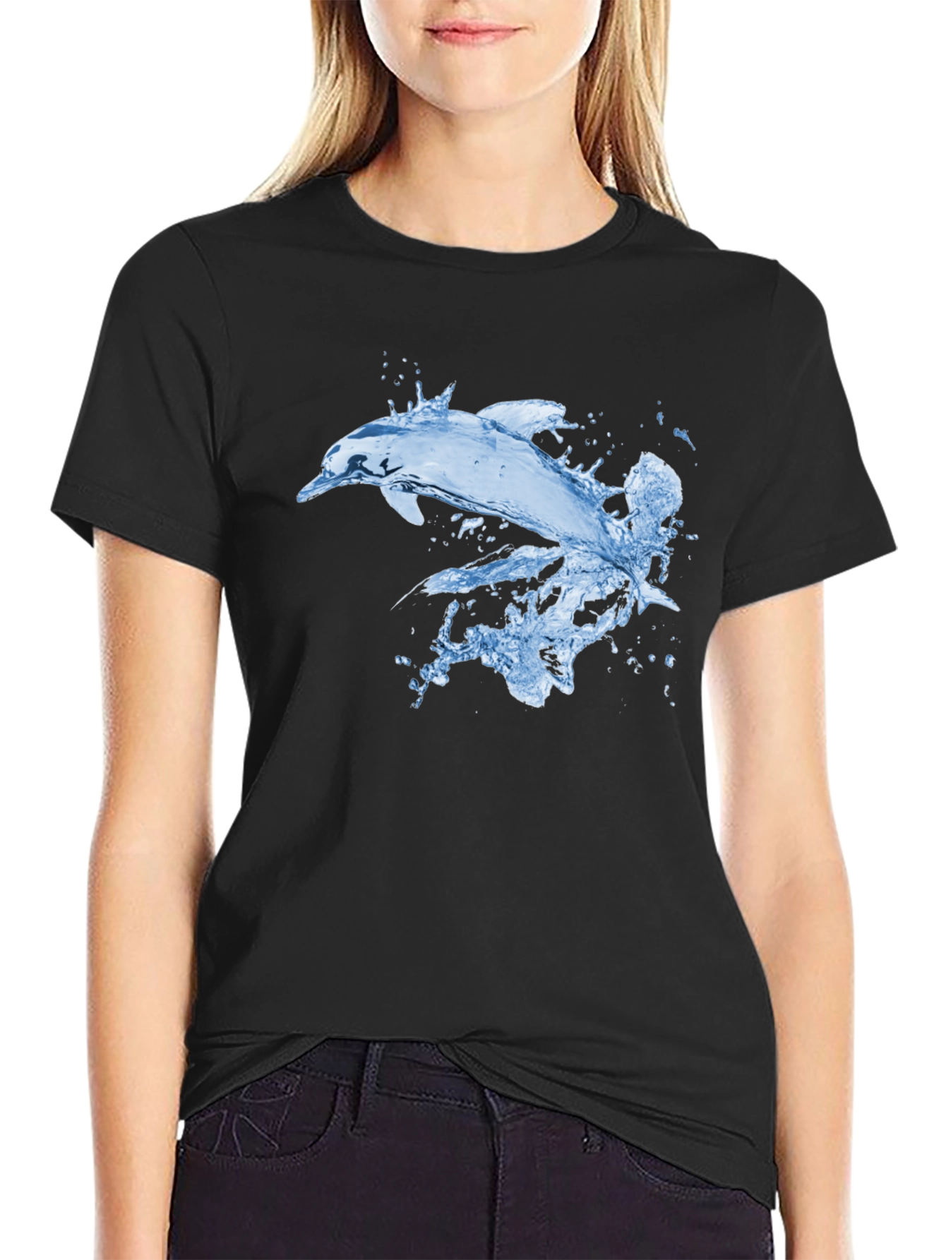 Cool Dolphin Splash Graphic Black T-Shirt
