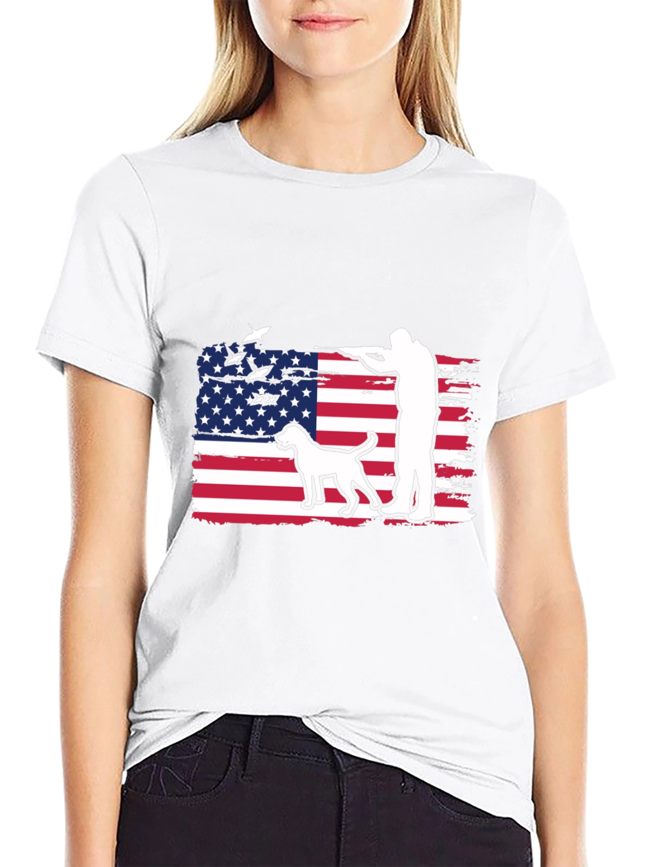 American Hunter T-Shirt - Patriotic Dog & Rifle Design