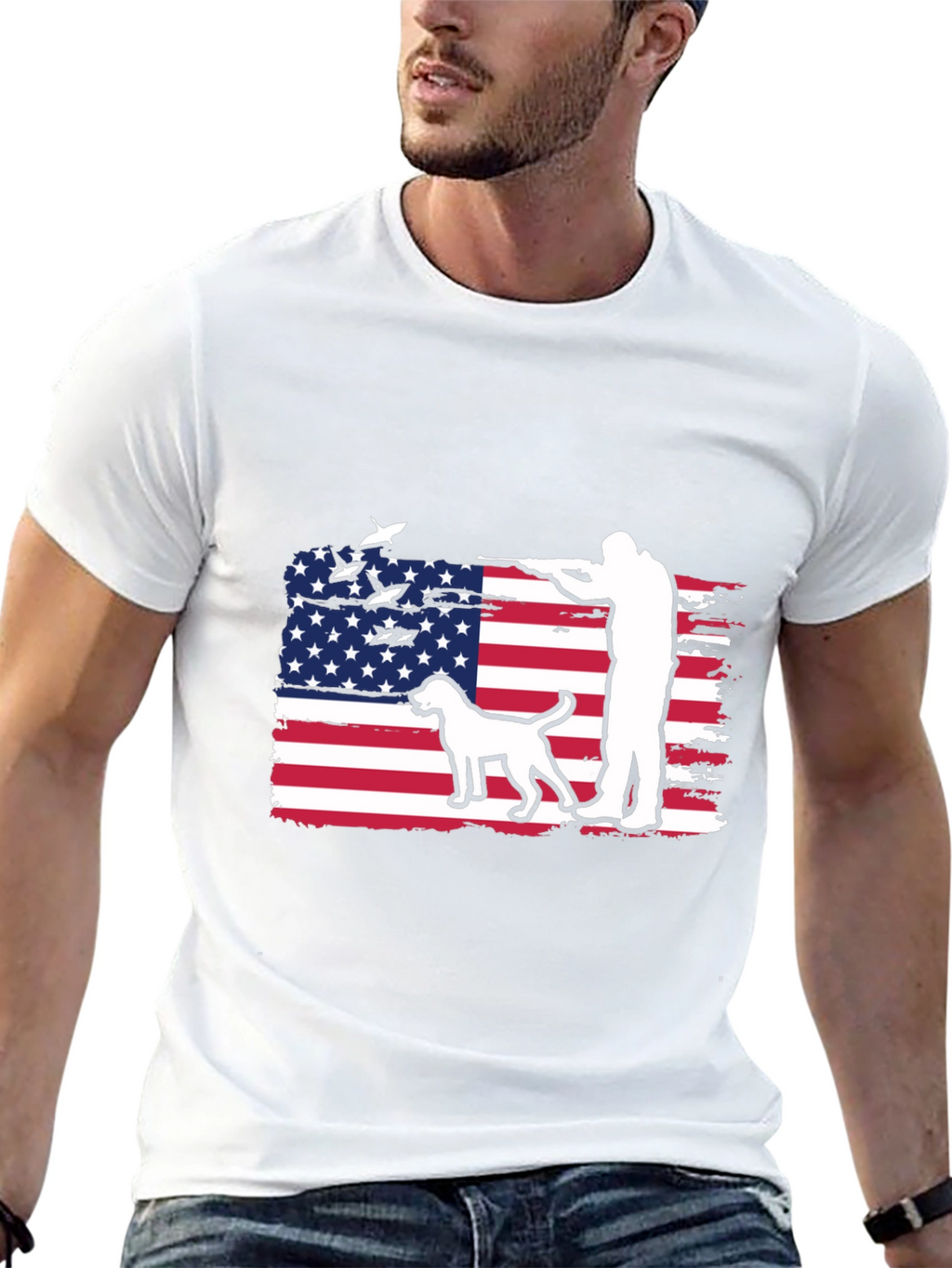 American Hunter T-Shirt - Patriotic Dog & Rifle Design