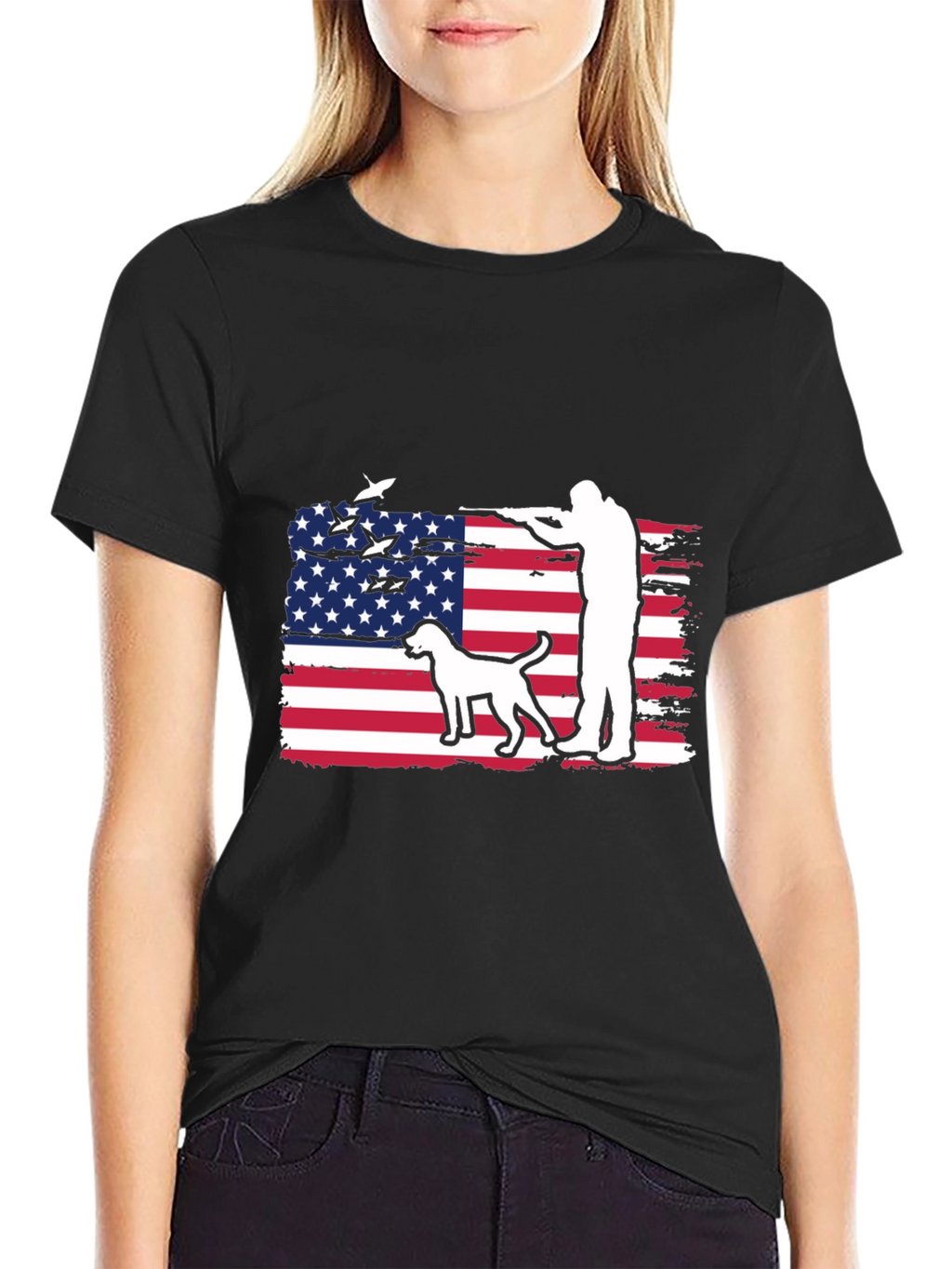 American Hunter T-Shirt - Patriotic Dog & Rifle Design