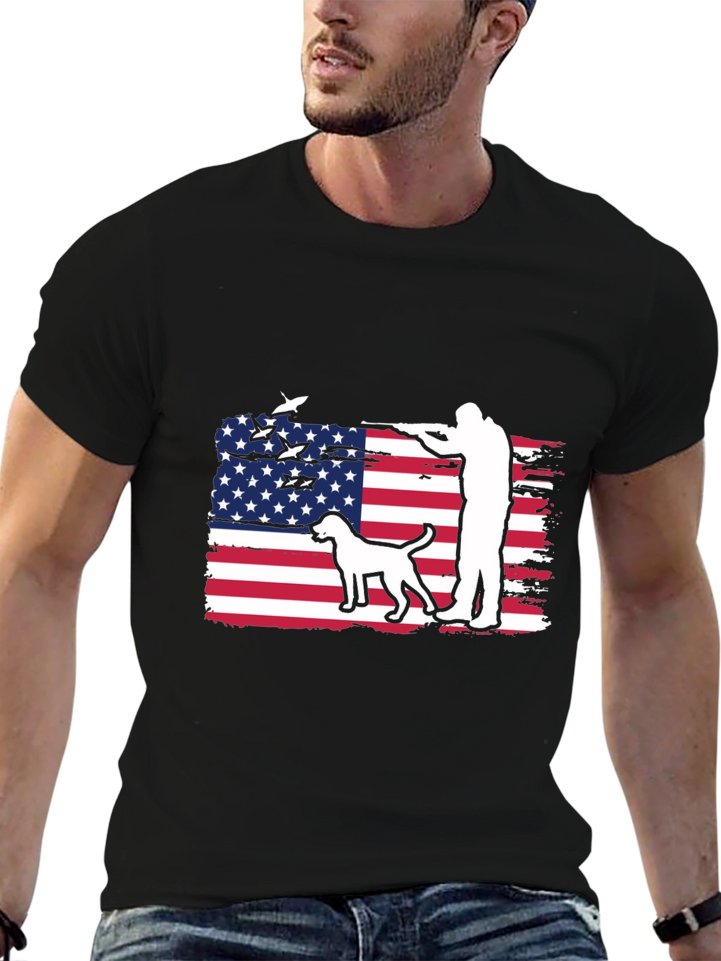 American Hunter T-Shirt - Patriotic Dog & Rifle Design