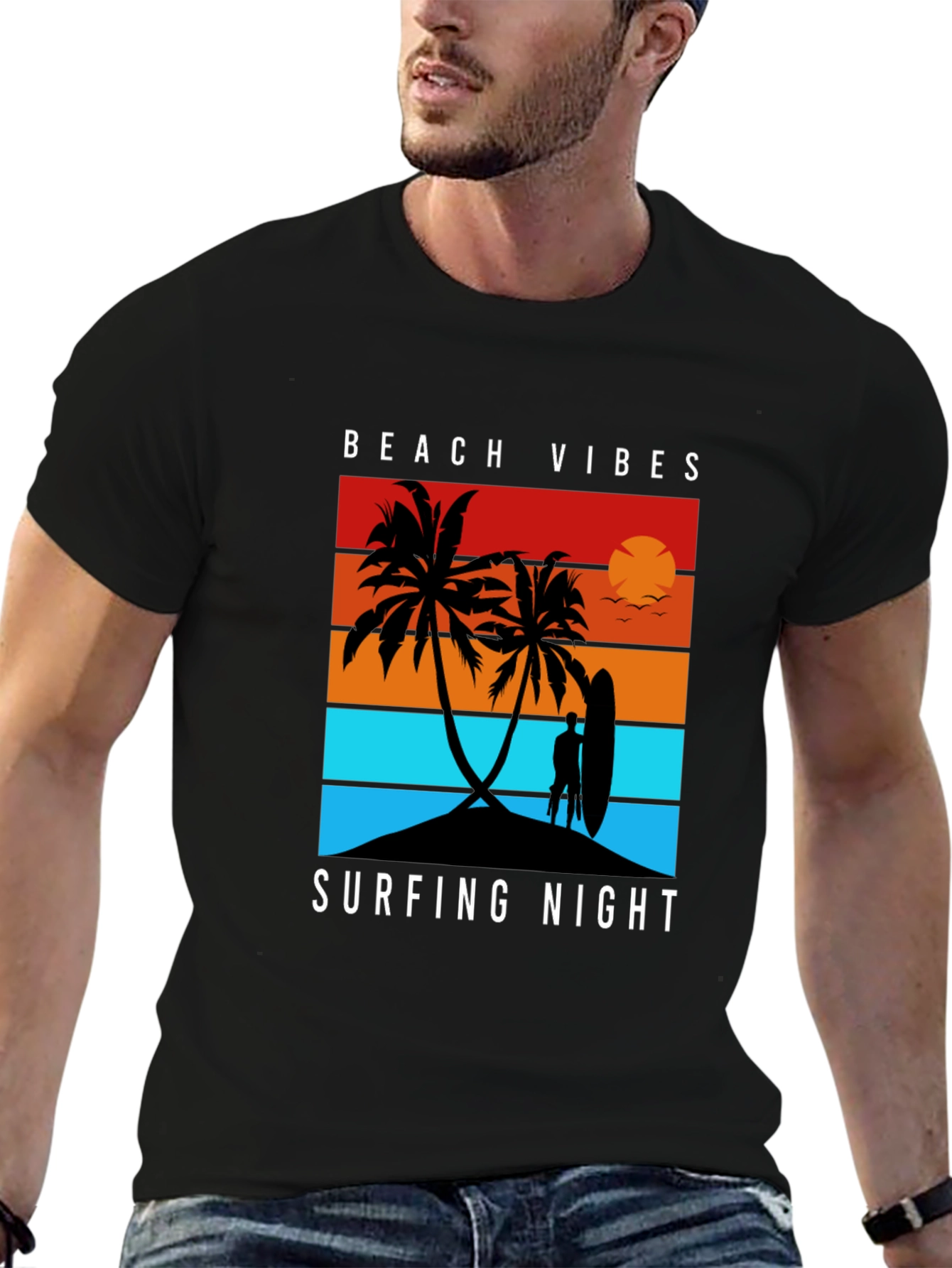 Beach Vibes Surfing Night Black T-Shirt