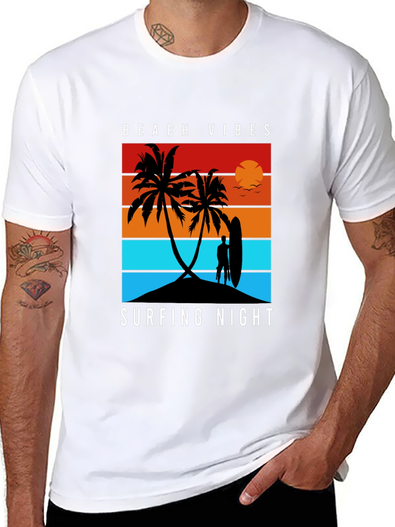 Beach Vibes Surfing Night Black T-Shirt