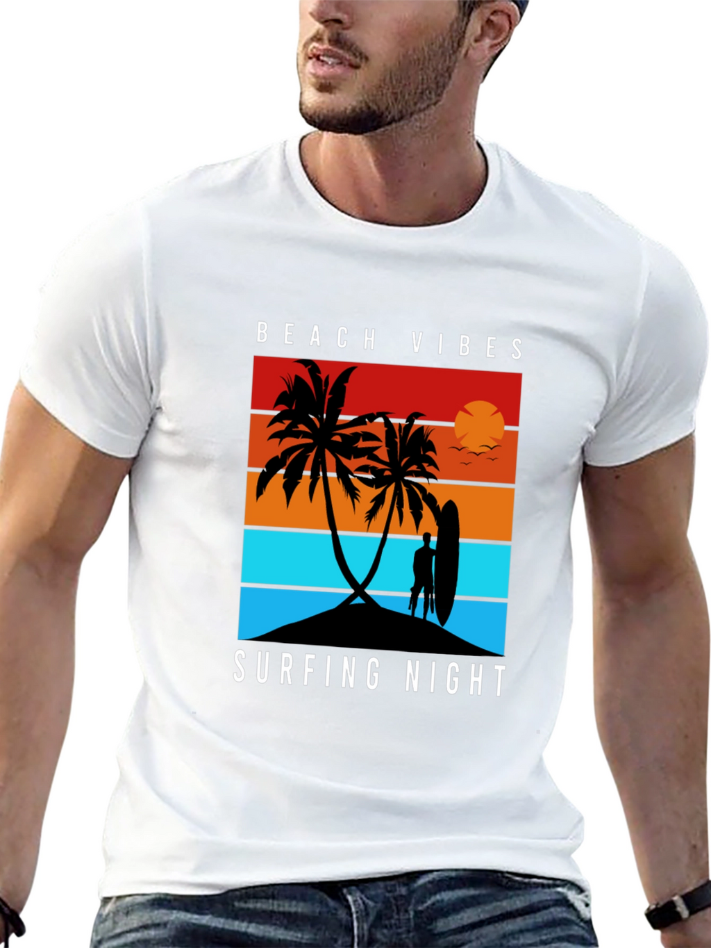 Beach Vibes Surfing Night Black T-Shirt
