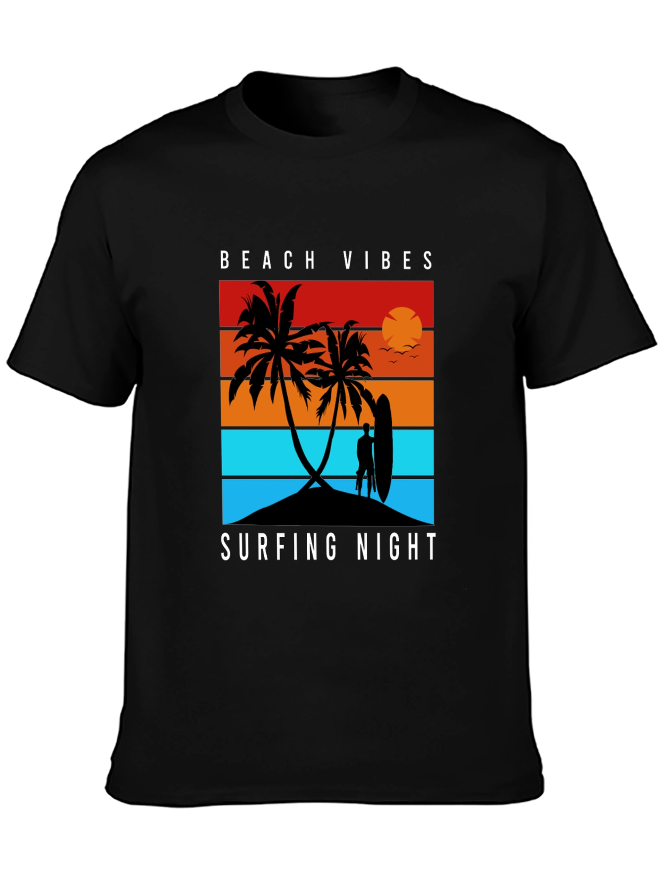 Beach Vibes Surfing Night Black T-Shirt