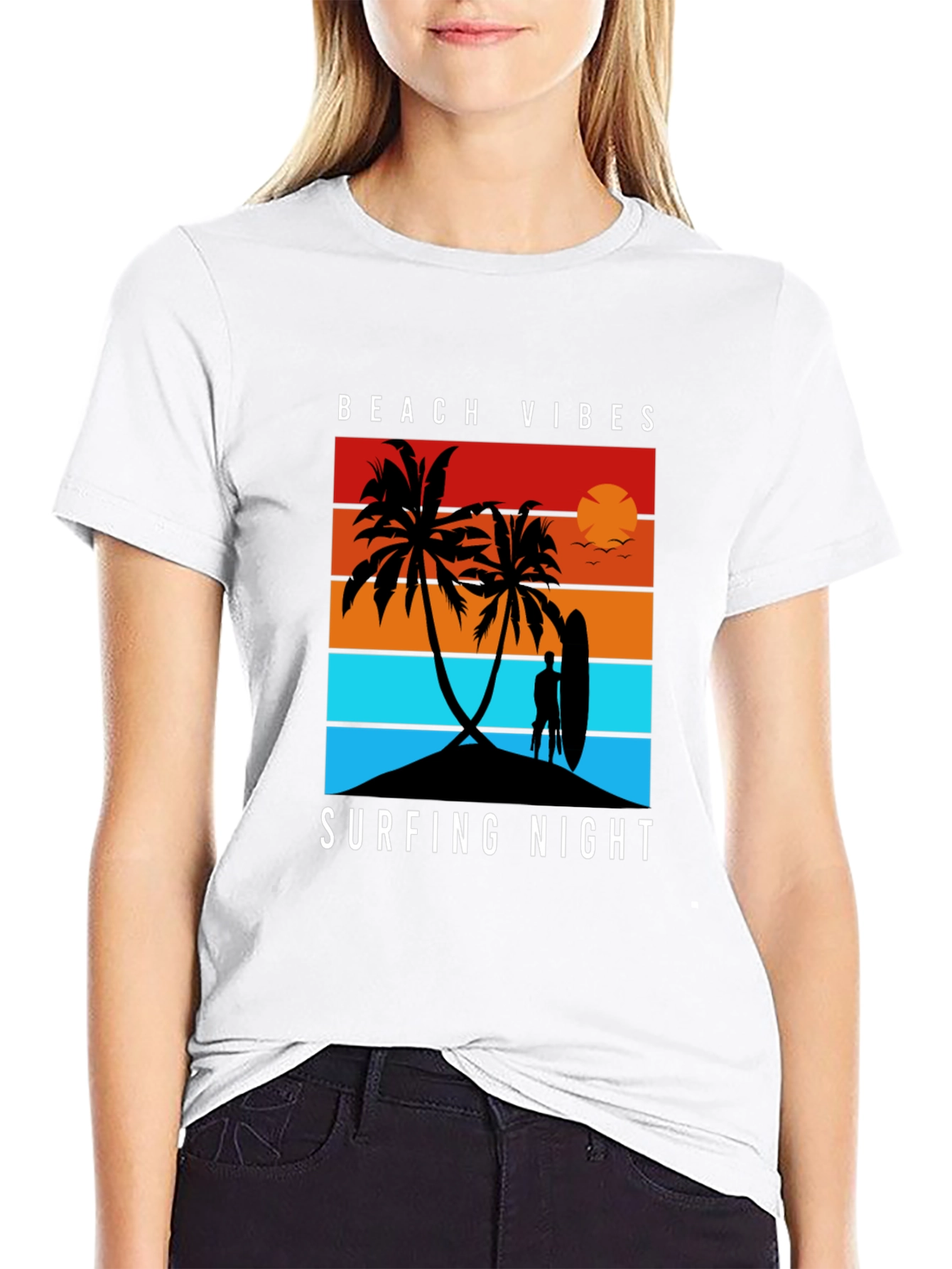 Beach Vibes Surfing Night Black T-Shirt