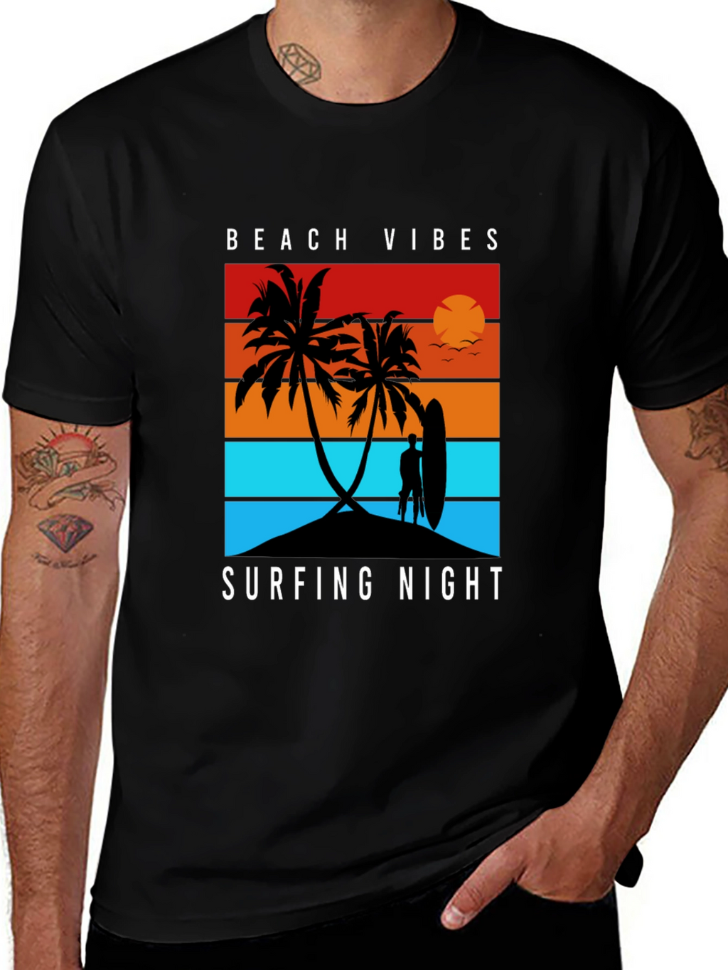 Beach Vibes Surfing Night Black T-Shirt