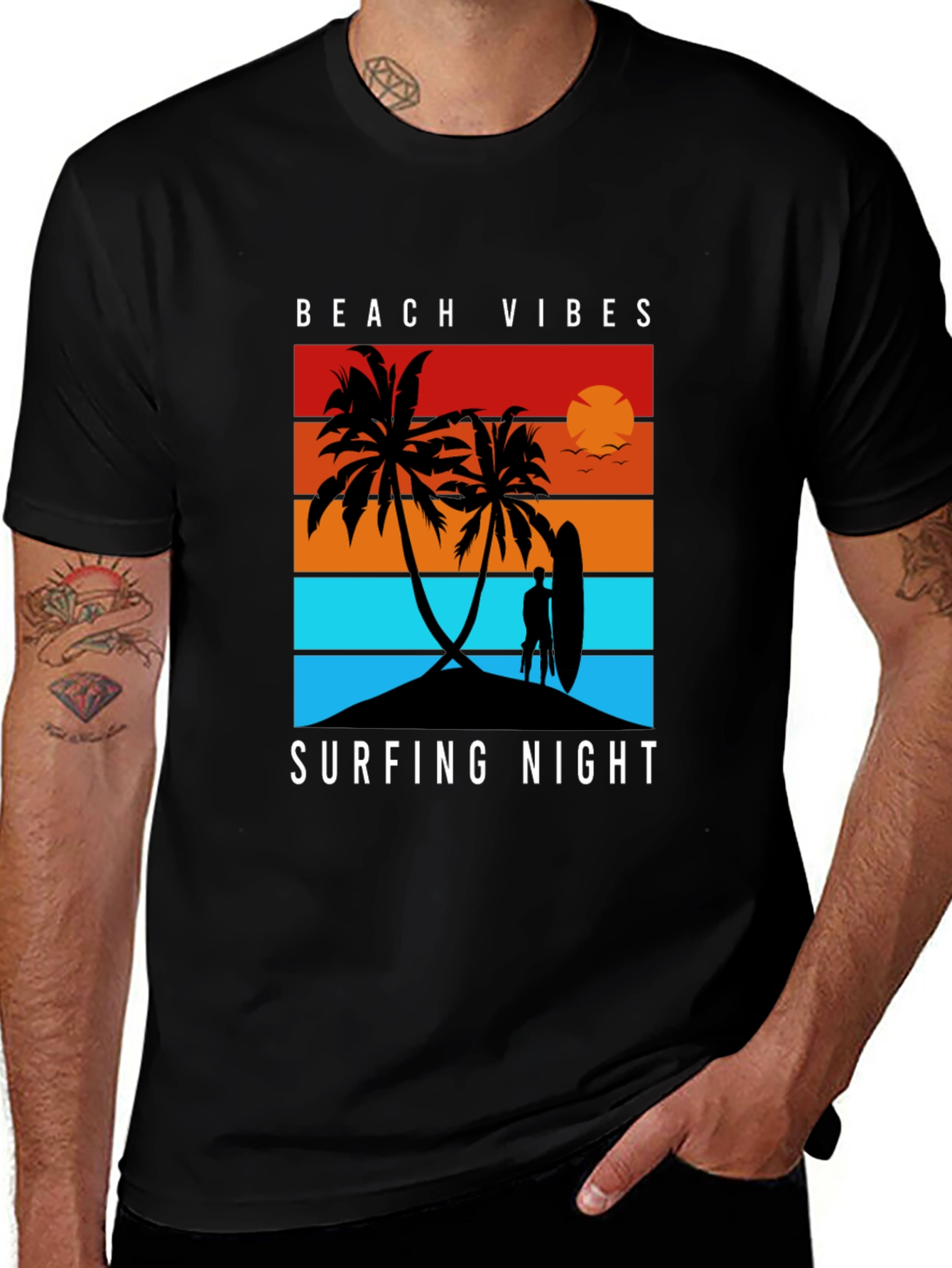 Beach Vibes Surfing Night Black T-Shirt