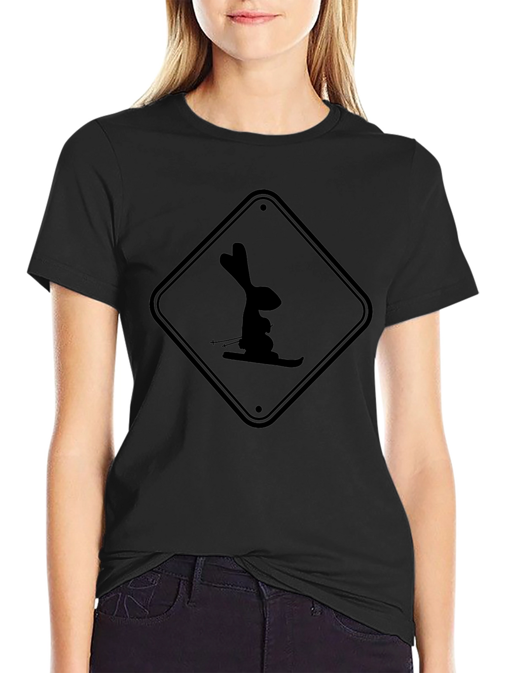 Skiing Rabbit Black T-Shirt