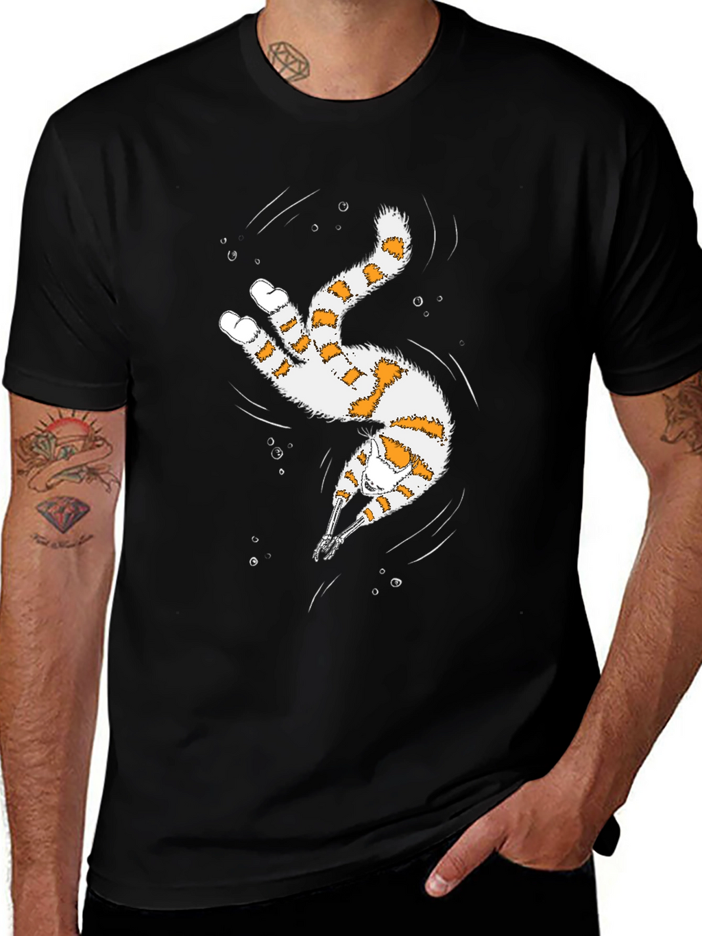 Whimsical Diving Cat Graphic Tee - Black