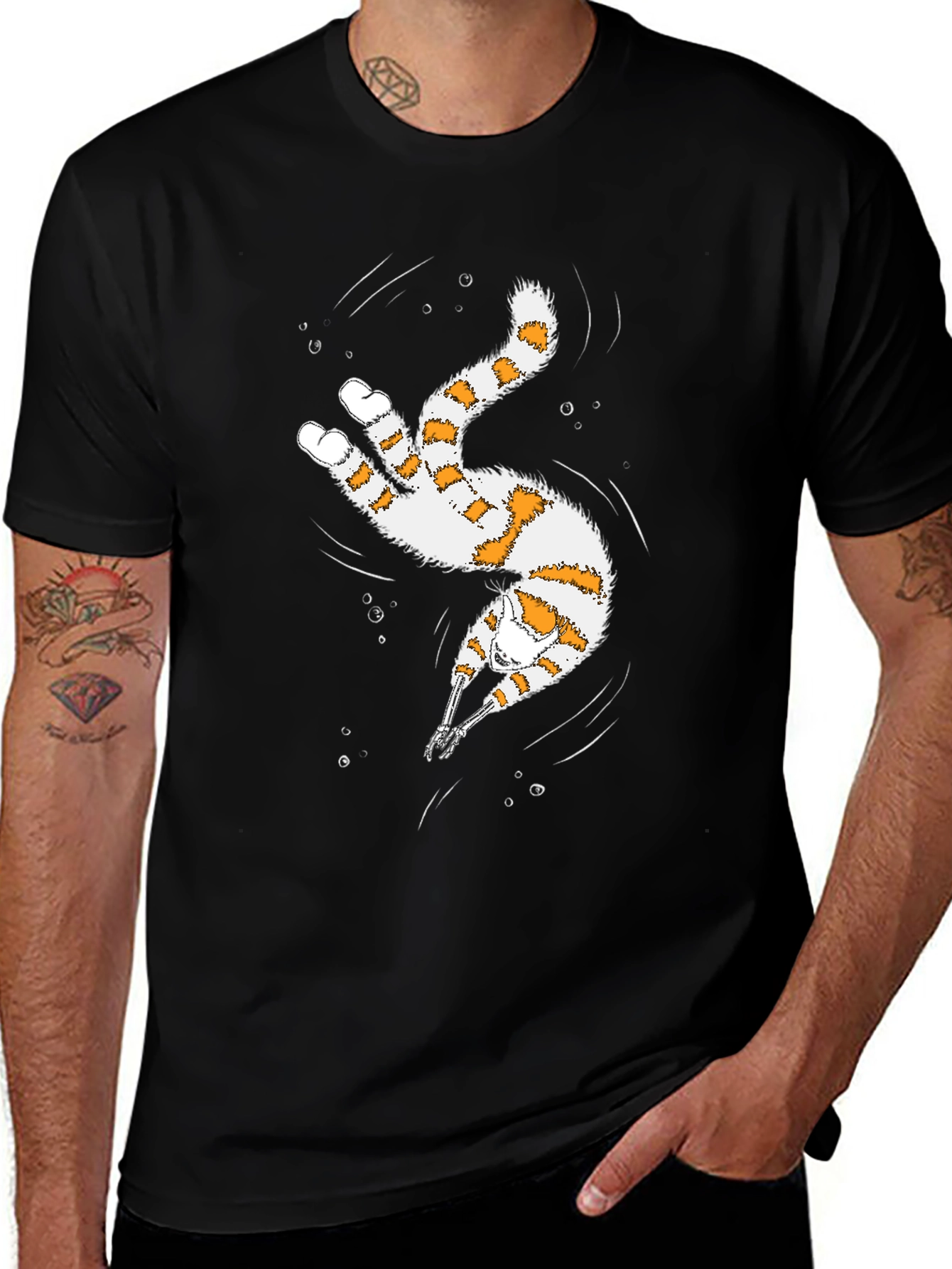 Whimsical Diving Cat Graphic Tee - Black
