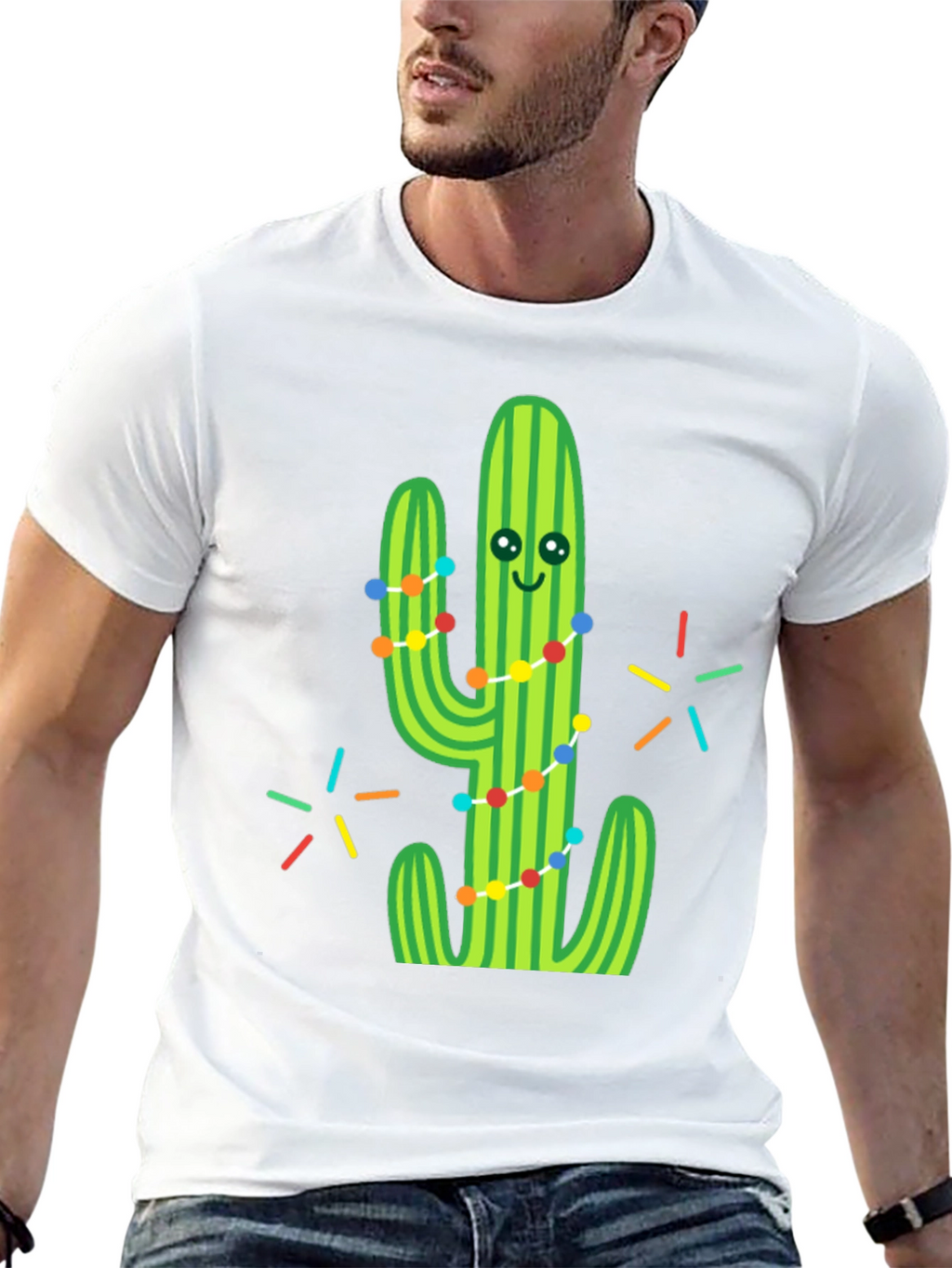 Festive Cactus Graphic Tee - Black Cotton T-Shirt