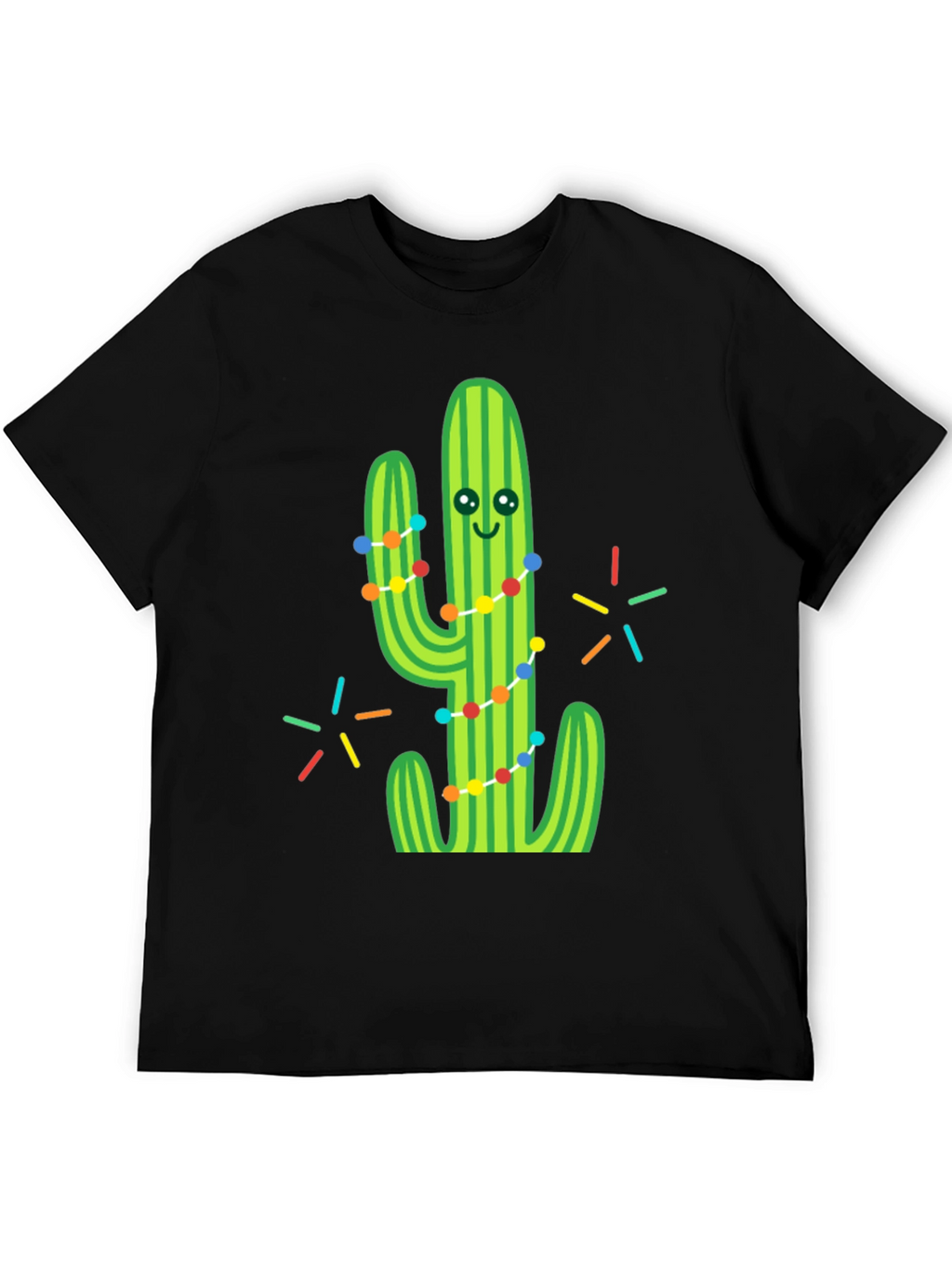 Festive Cactus Graphic Tee - Black Cotton T-Shirt