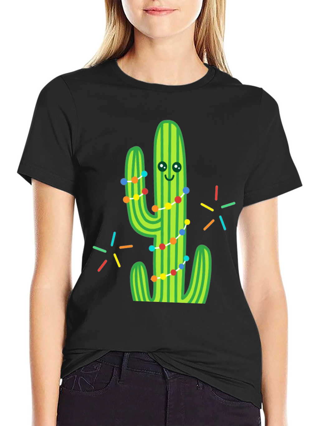 Festive Cactus Graphic Tee - Black Cotton T-Shirt